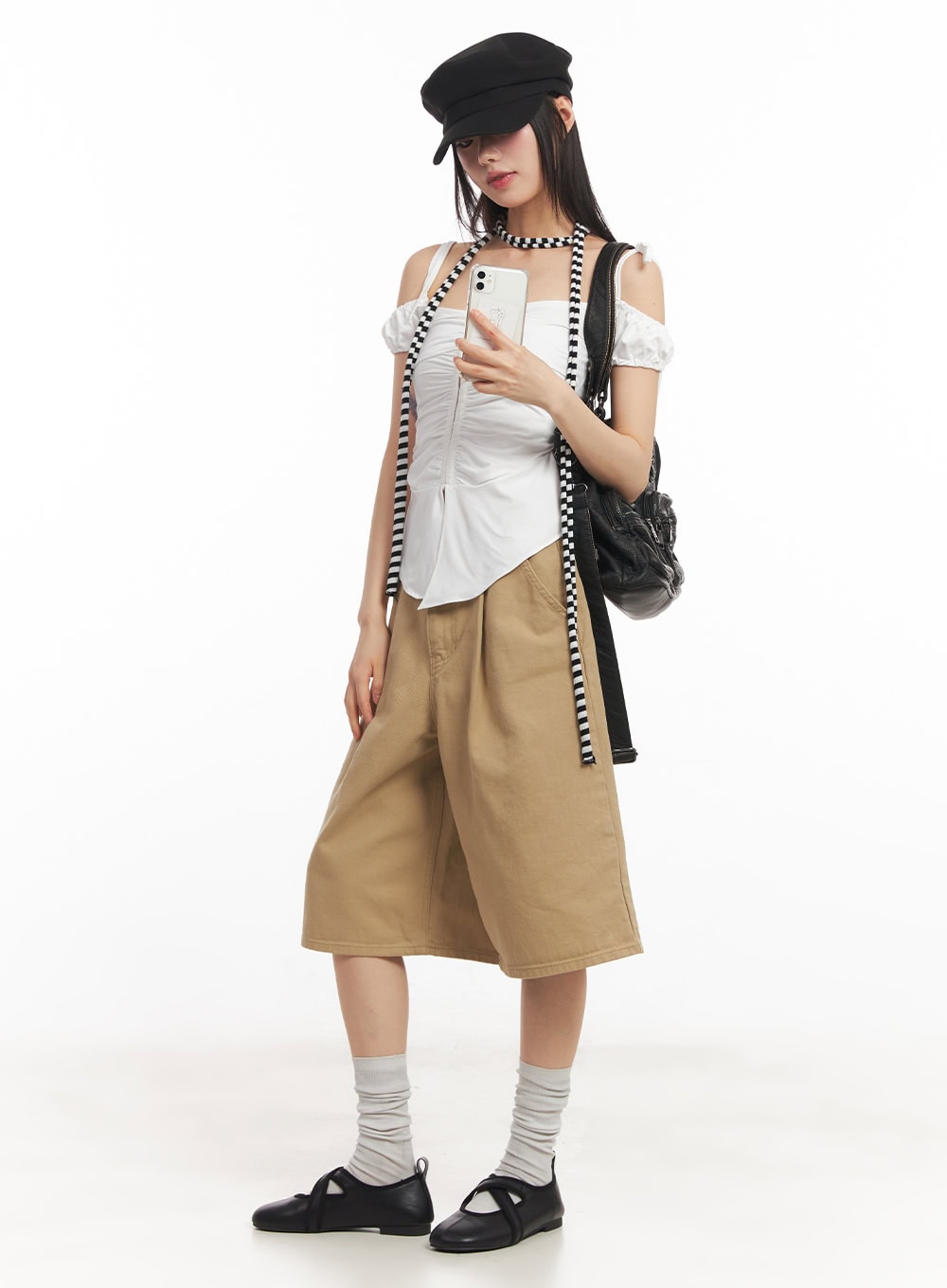 Shirred Off-Shoulder Puff-Sleeve Top CA523