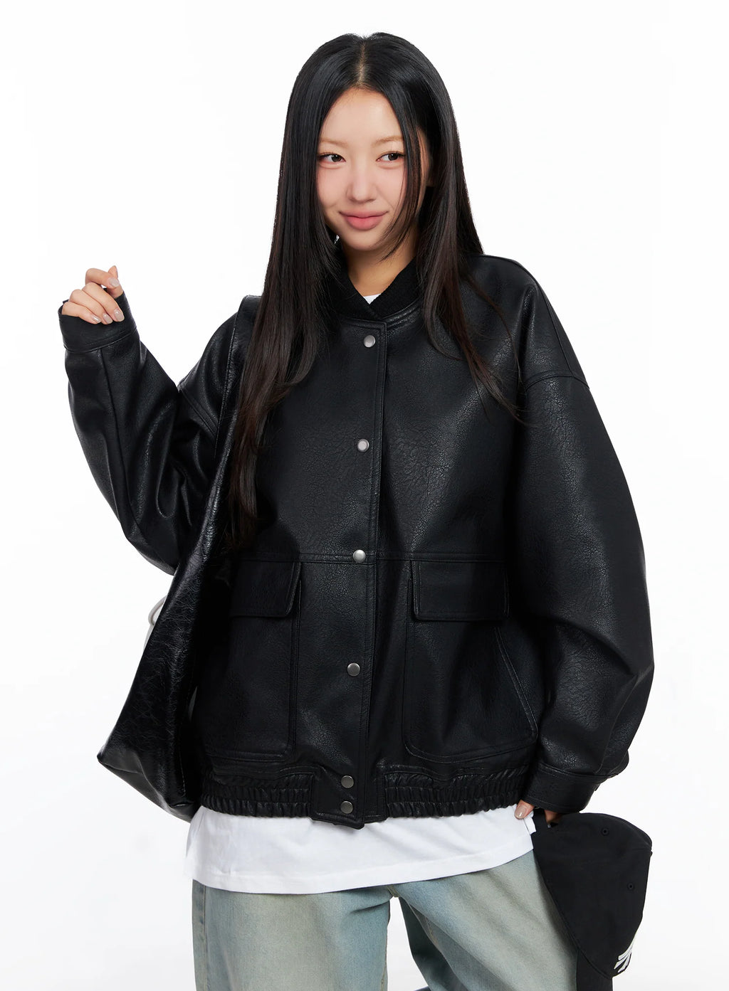 Oversized Faux Leather Baseball Jacket CO515