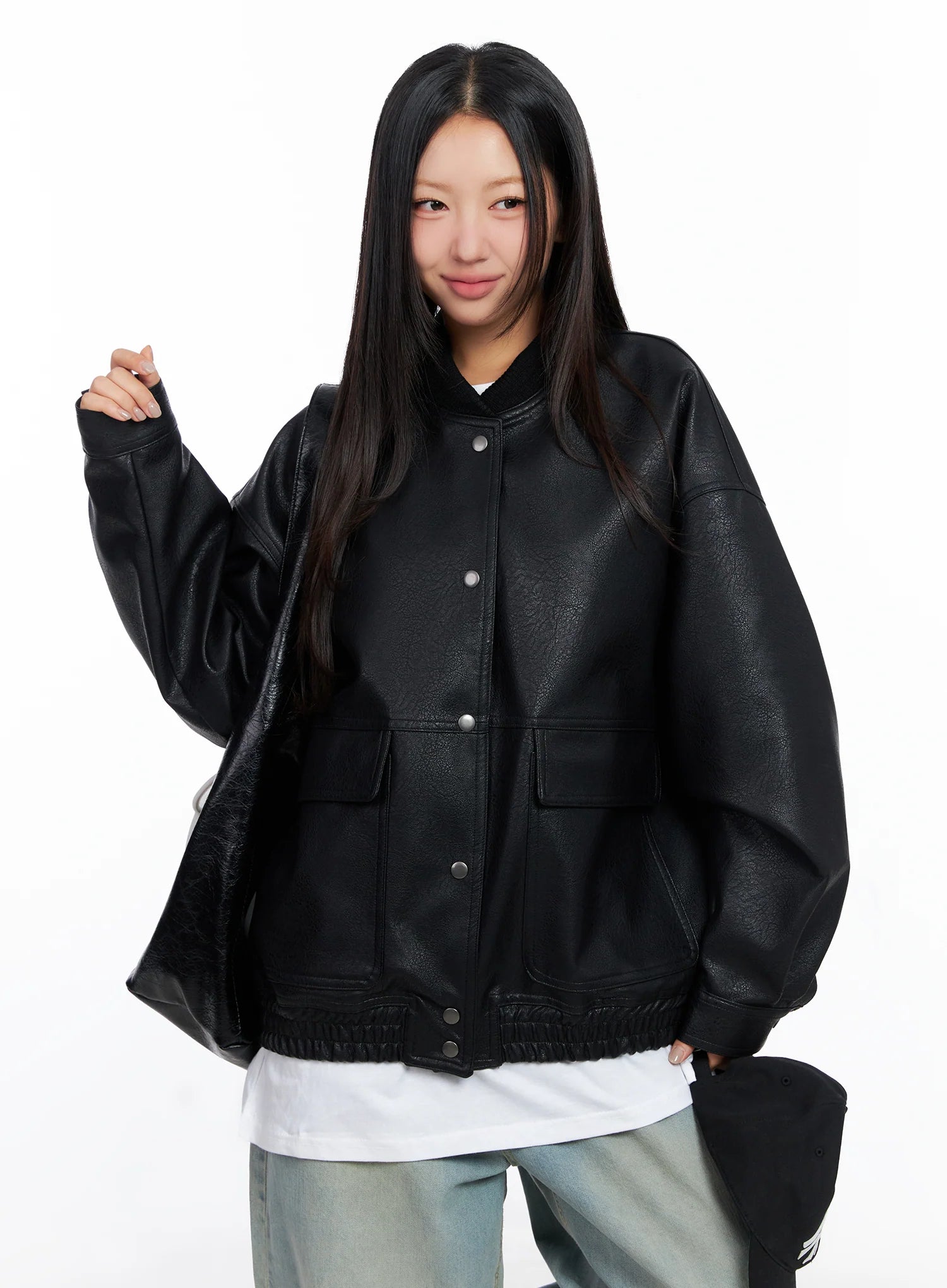 Oversized Faux Leather Baseball Jacket CO515