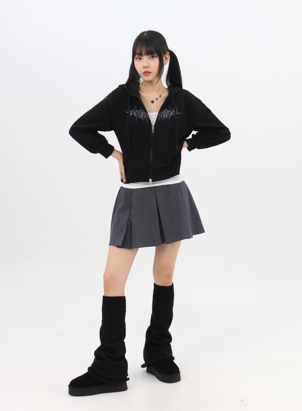 Zip-Up Graphic Crop Hoodie IN314