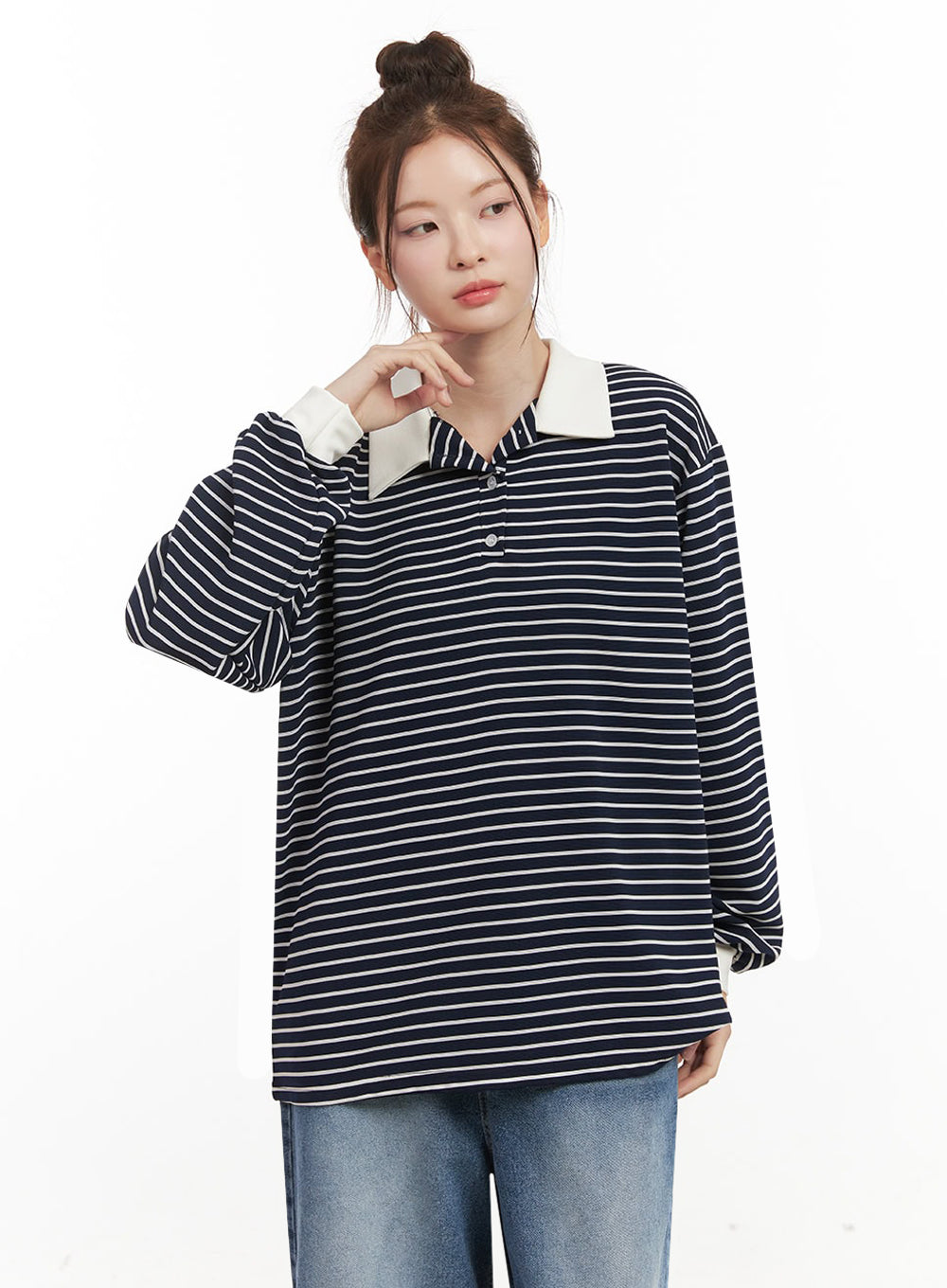 Oversized Stripe Collared Long Sleeve Top IJ527