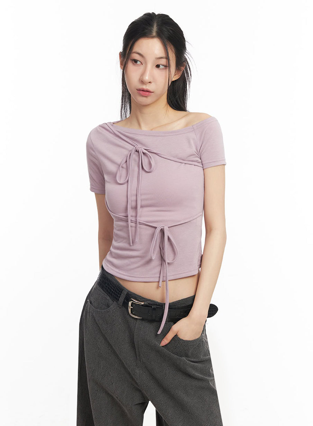 Ribbon Tie One-Shoulder Crop Top IY529