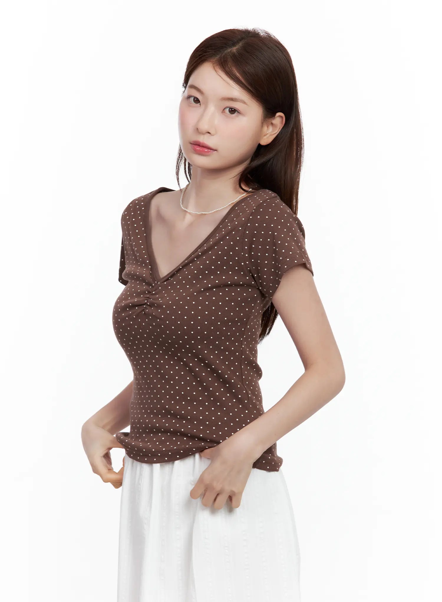 Polka Dot Shirred V-Neck Top CL502