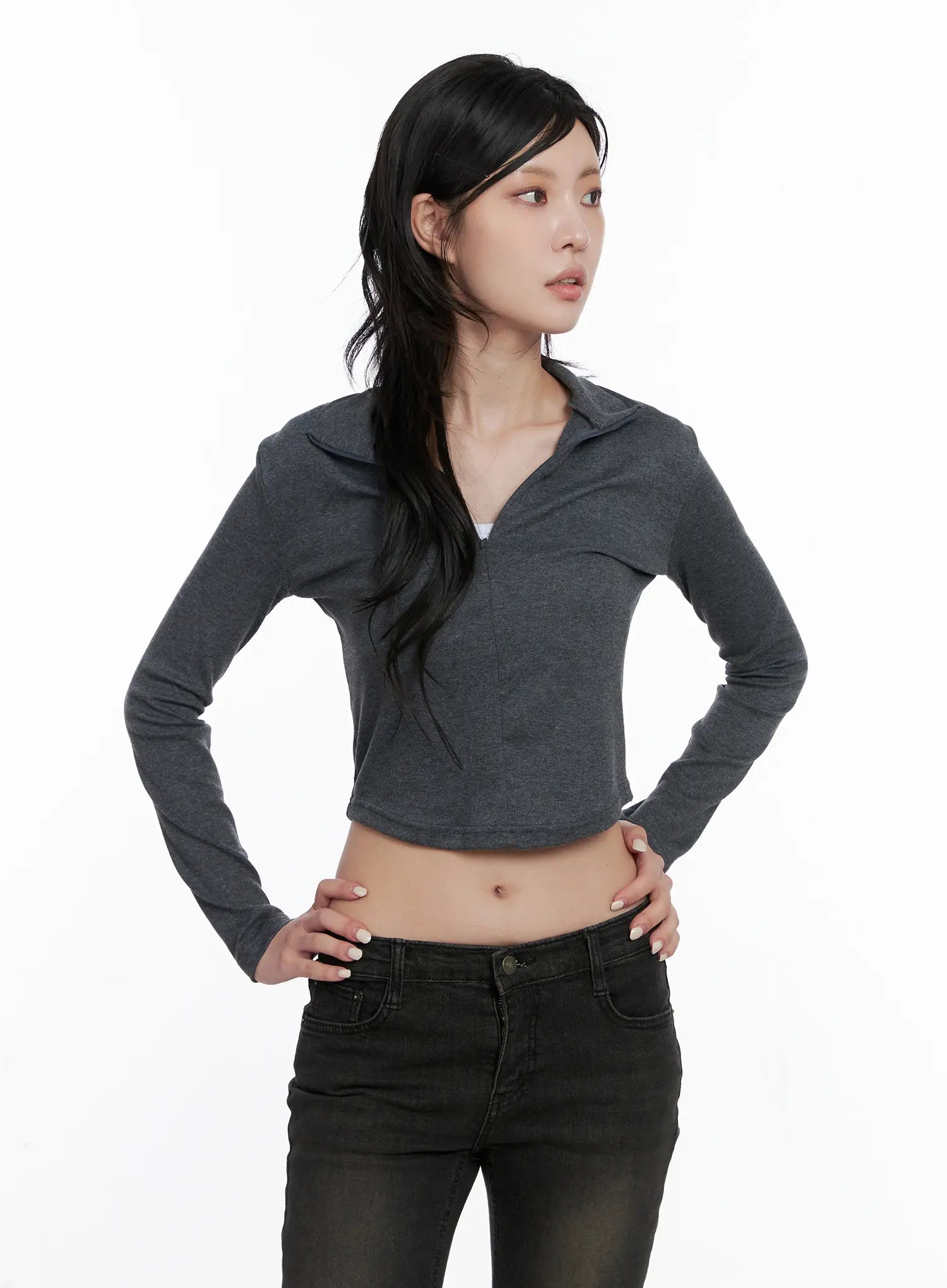 Slim Crop Half Neck Zip-Up Long Sleeve Tee CS512