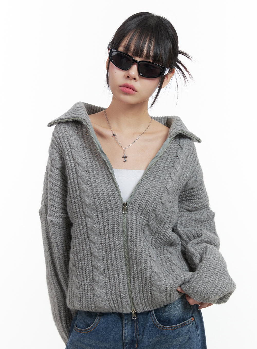 Oversized Cable Knit Zip-Up Sweater OS410