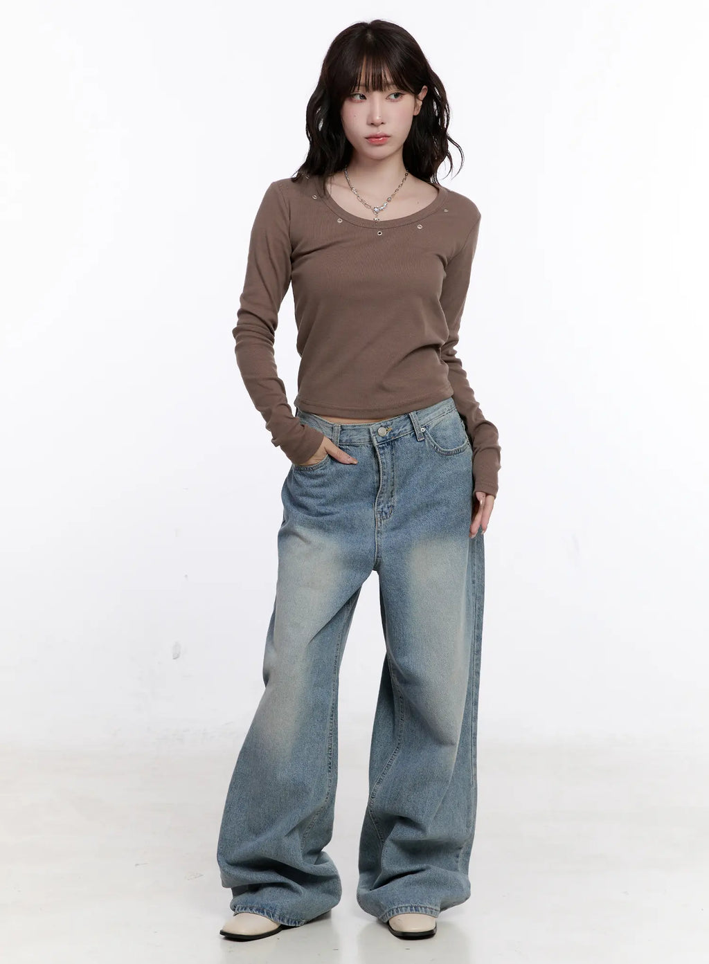 Ribbed U-Neck Eyelet Long Sleeve Top CS530