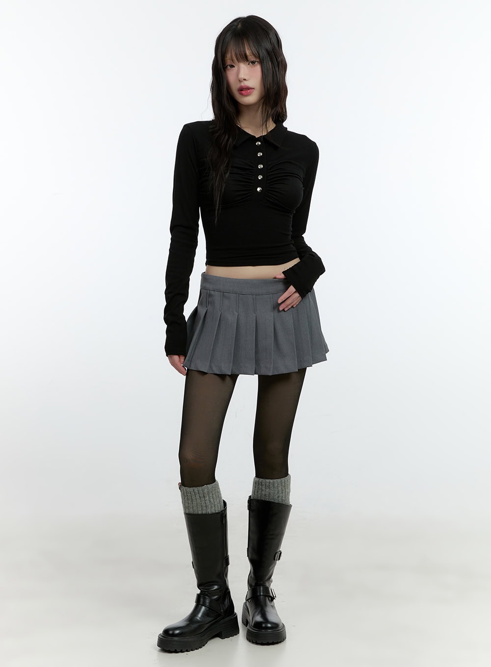 Shirring Long-Sleeve Collared Crop Top CF507