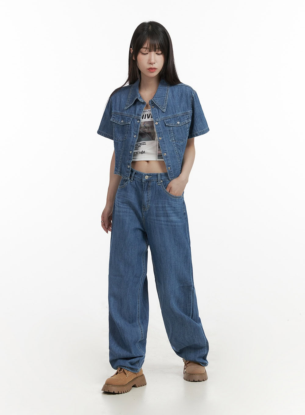 Pocketed Washed Denim Crop Shirt CY407