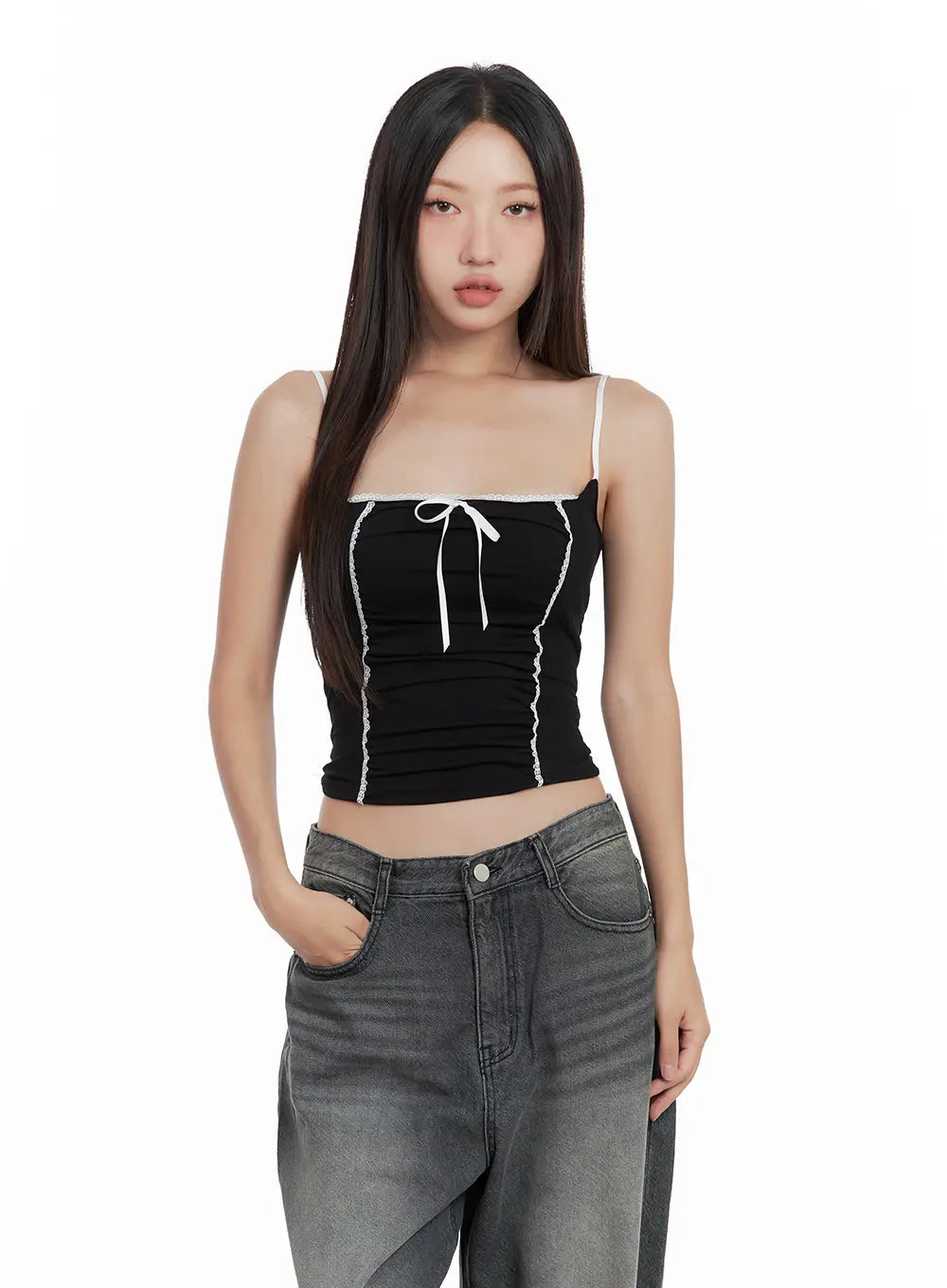 Lace-Trim Shirred Ribbon Camisole CL508