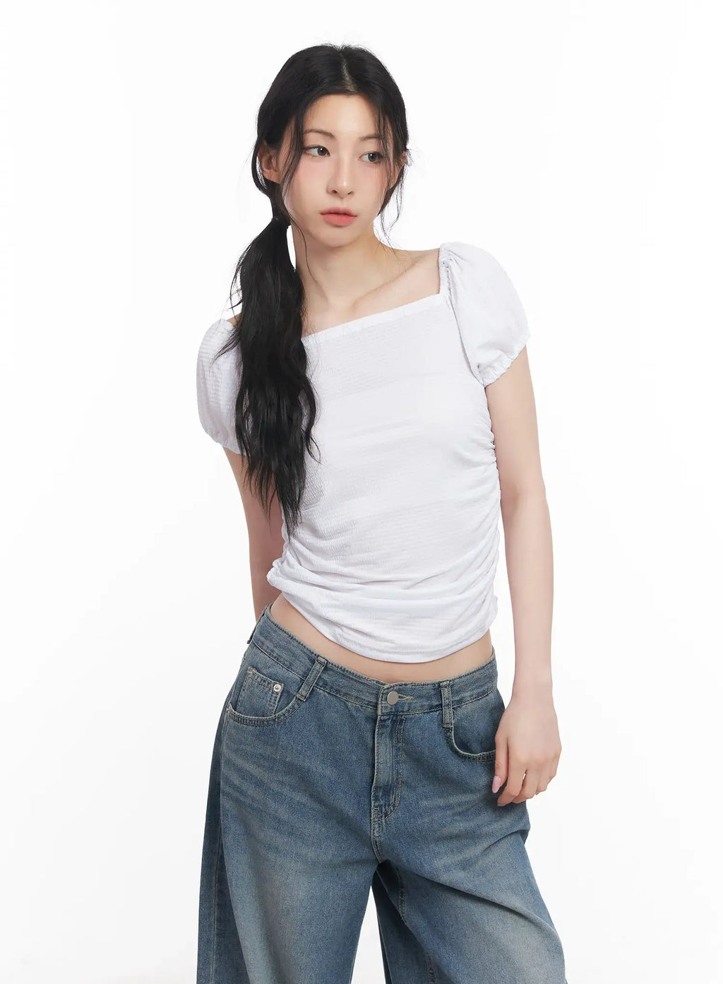 Shirred Puff-Sleeve Crop Top CU511