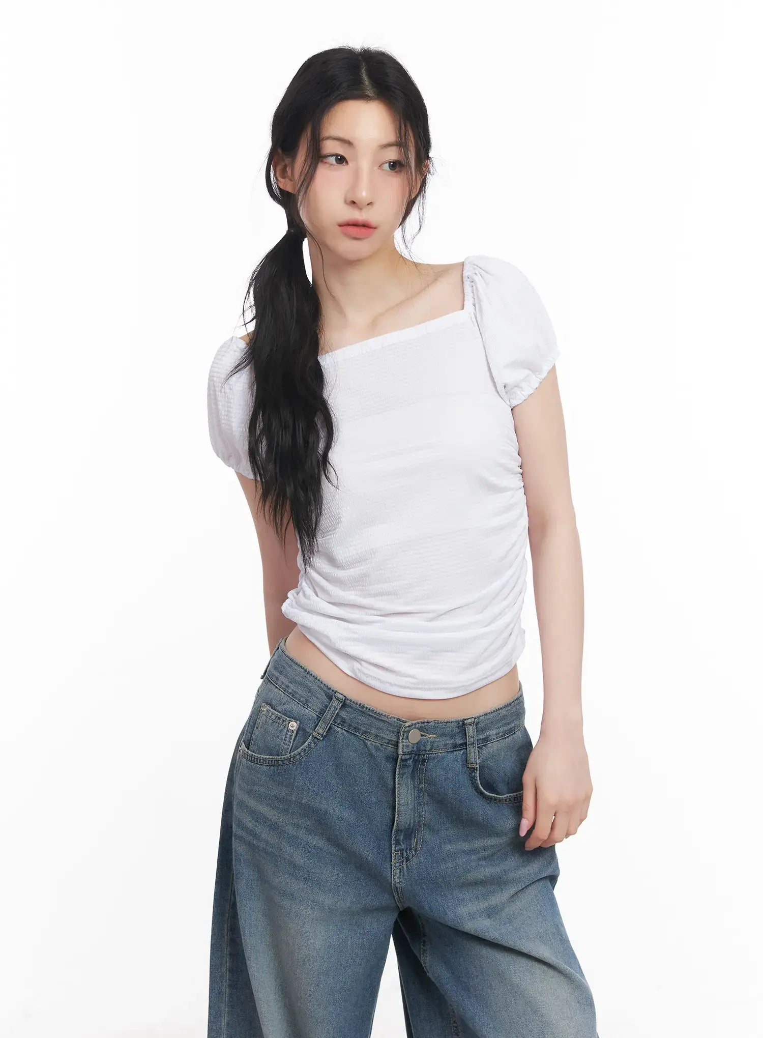 Shirred Puff-Sleeve Crop Top CU511