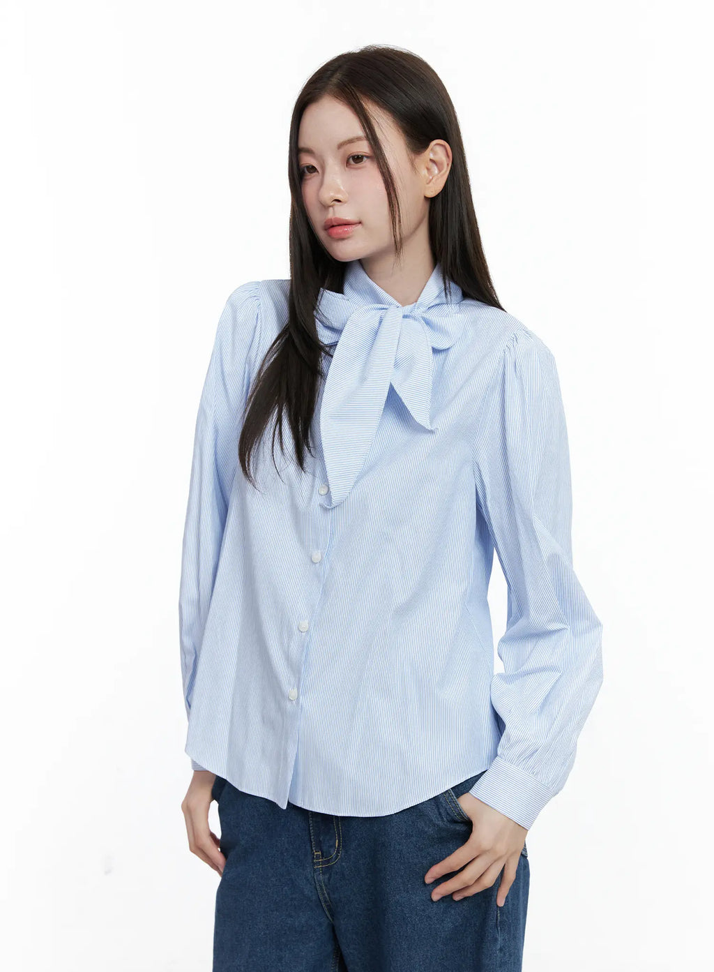 Striped Puff Sleeve Tie Blouse CO506