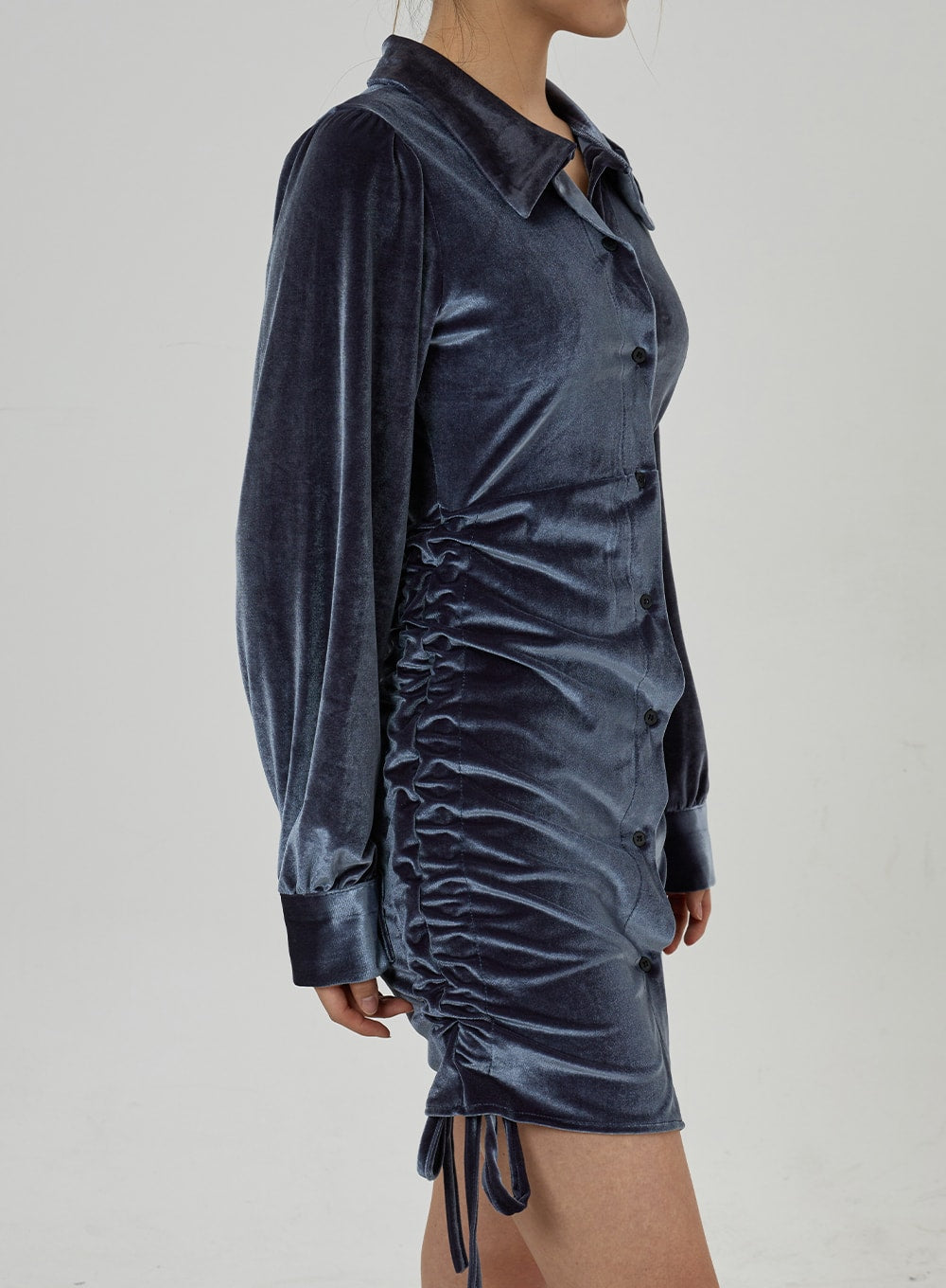 Side Tie Ruching Velvet Long Sleeve Mini Dress CD23