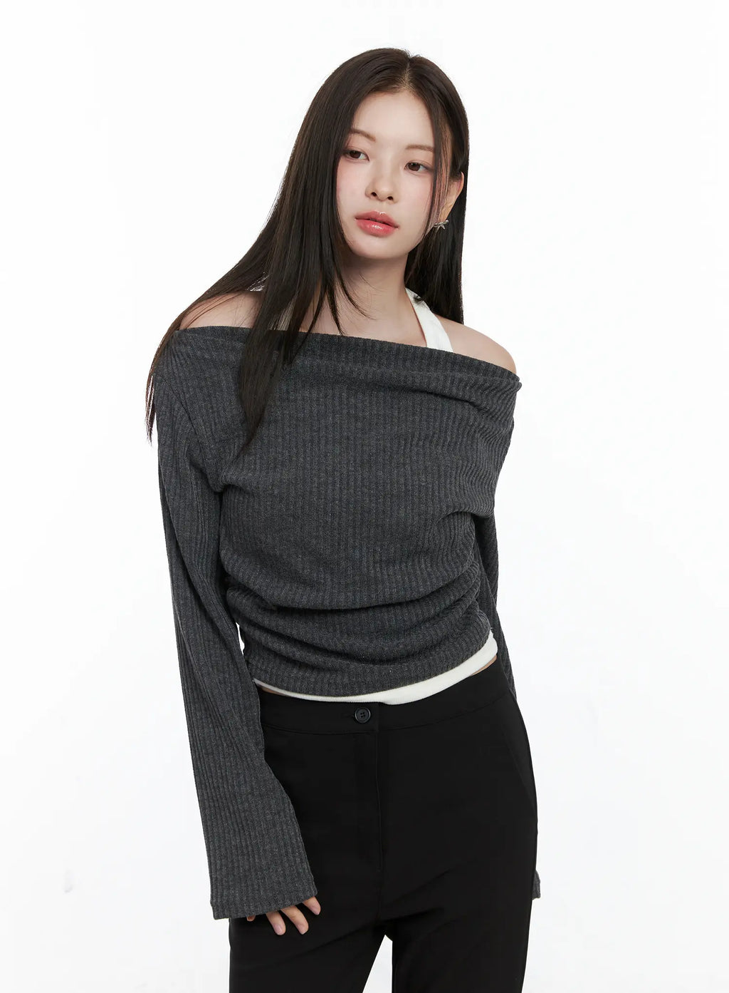 Ribbed Knit Off-Shoulder with Halter Top CO503