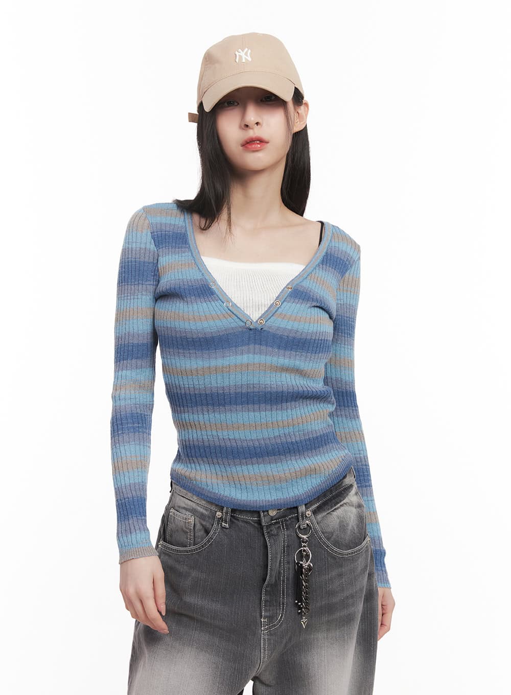 Stripe Buttoned Layered Top CM518
