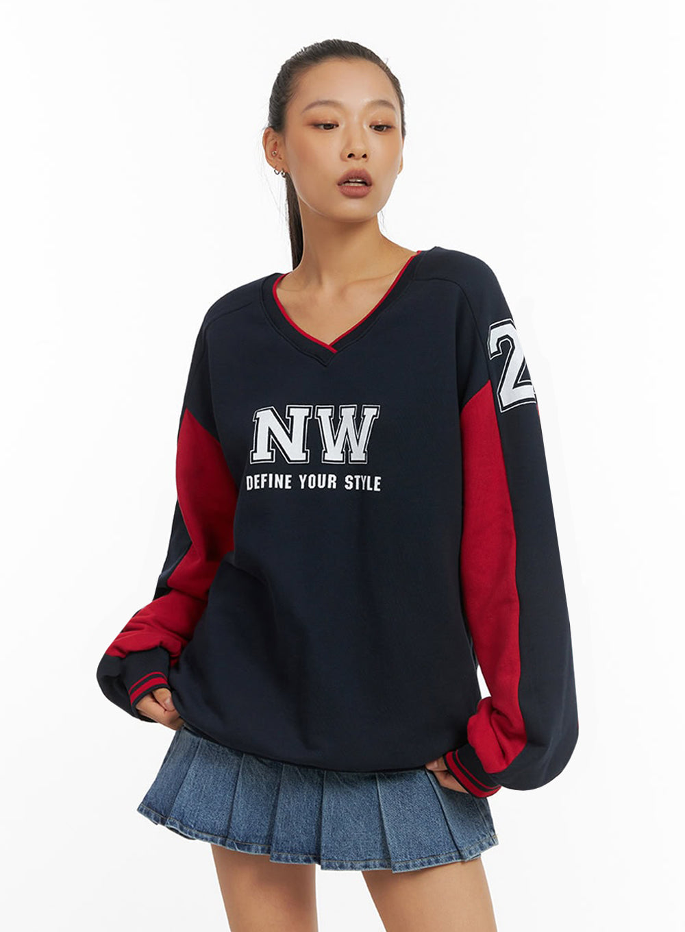 Dark Blue V-Neck Jersey Sweatshirt IO409