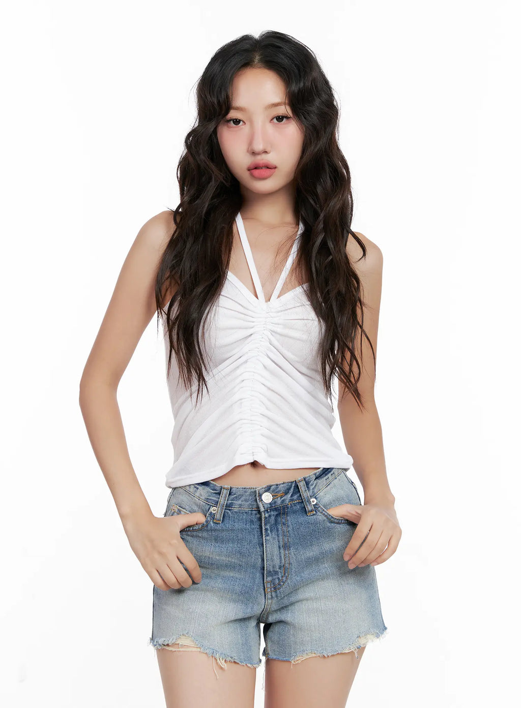 Shirred Cropped Halter Tank CL521