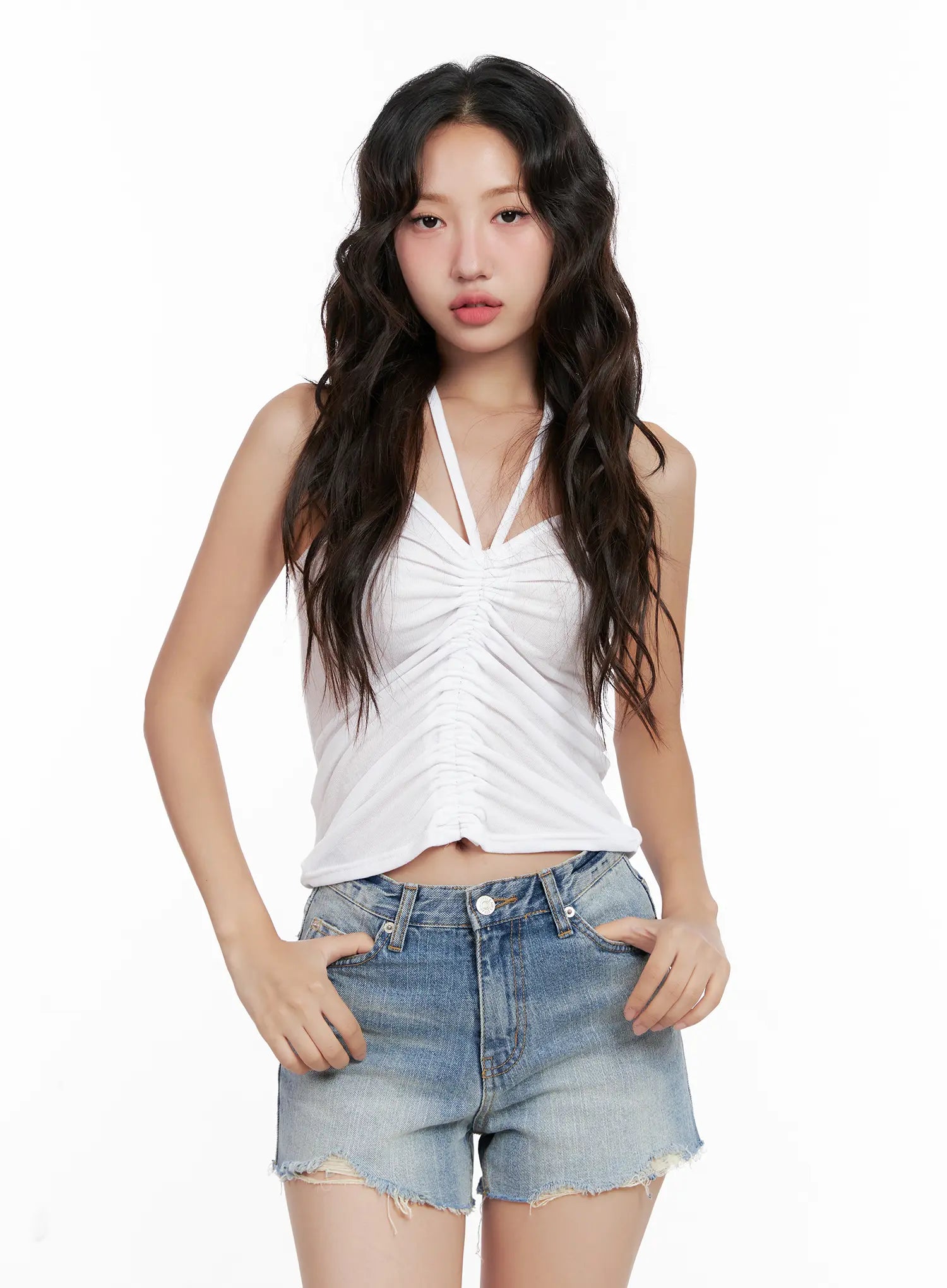 Shirred Cropped Halter Tank CL521