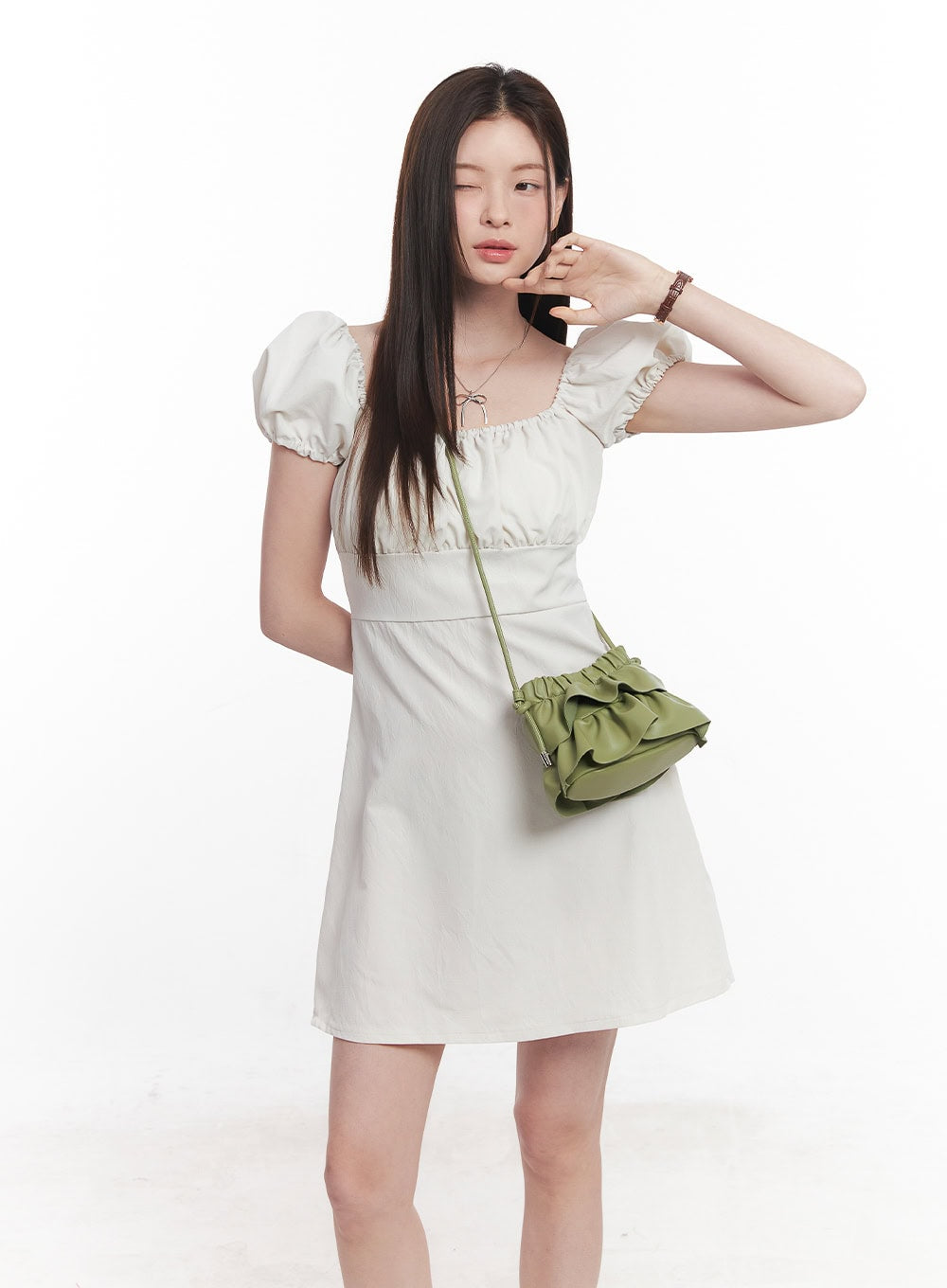 Puff-Sleeve Shirring Mini Dress CY515