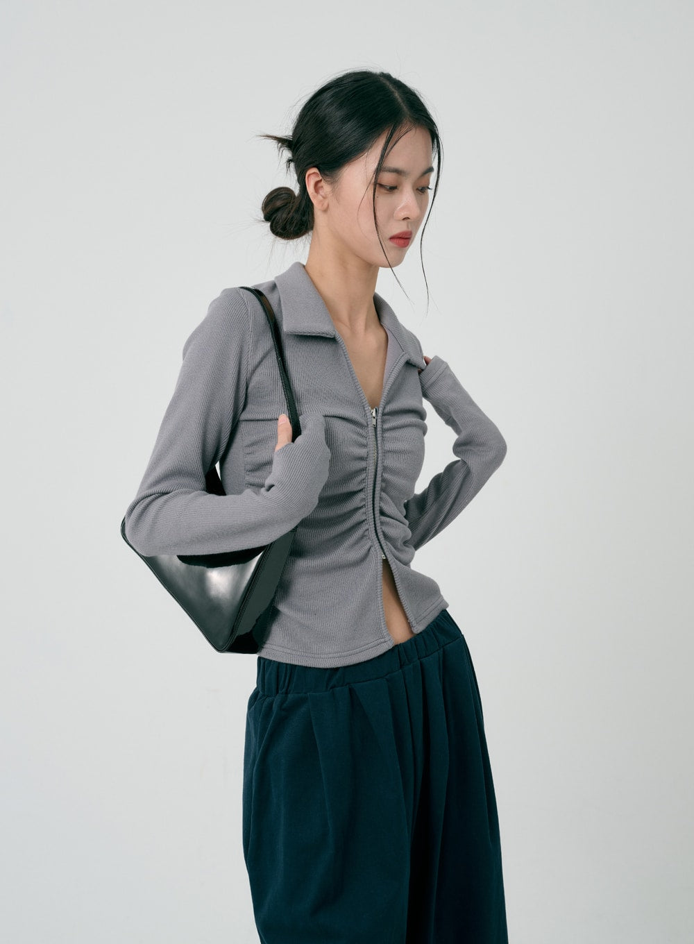 Ruffle Zipper Long Sleeve Top ID08