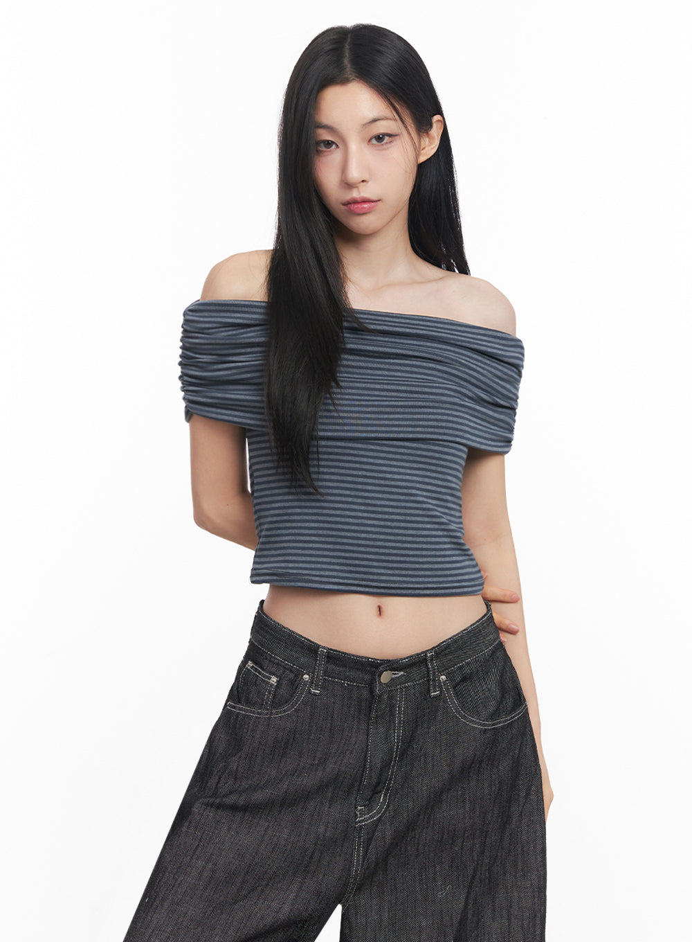 Off-Shoulder Striped Tee IY516