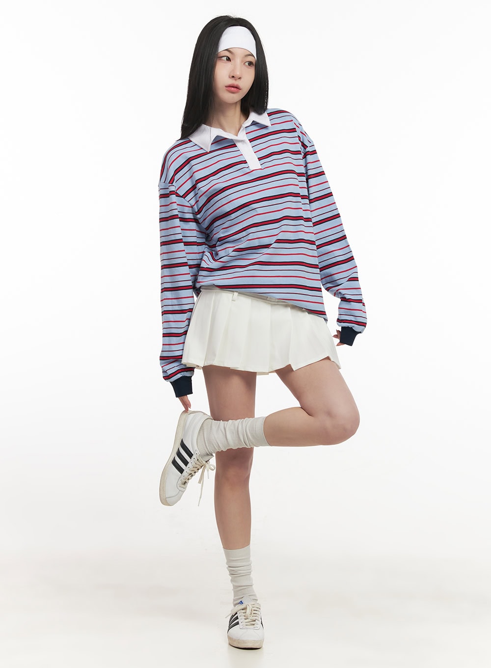 Oversized Striped Long Sleeve Polo Shirt CF514