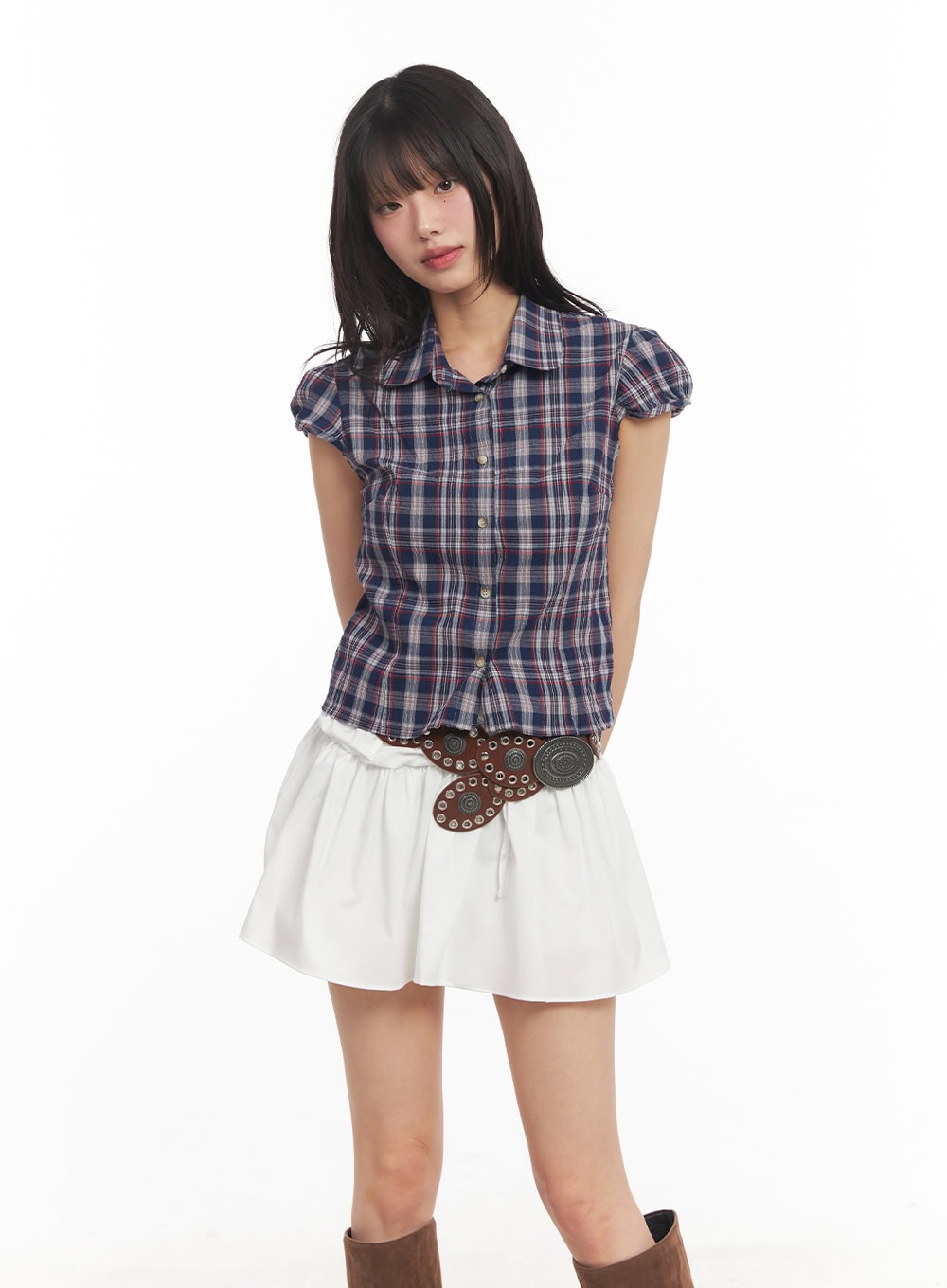 Plaid Puff Sleeve Cropped Shirt CA523