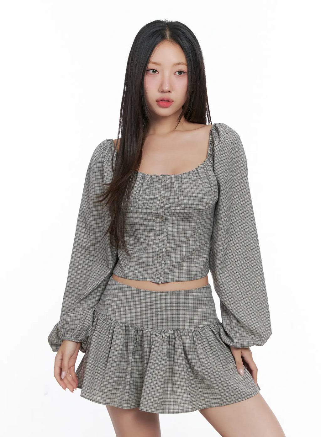 Gingham Button-Up Puff Sleeve Blouse CS503