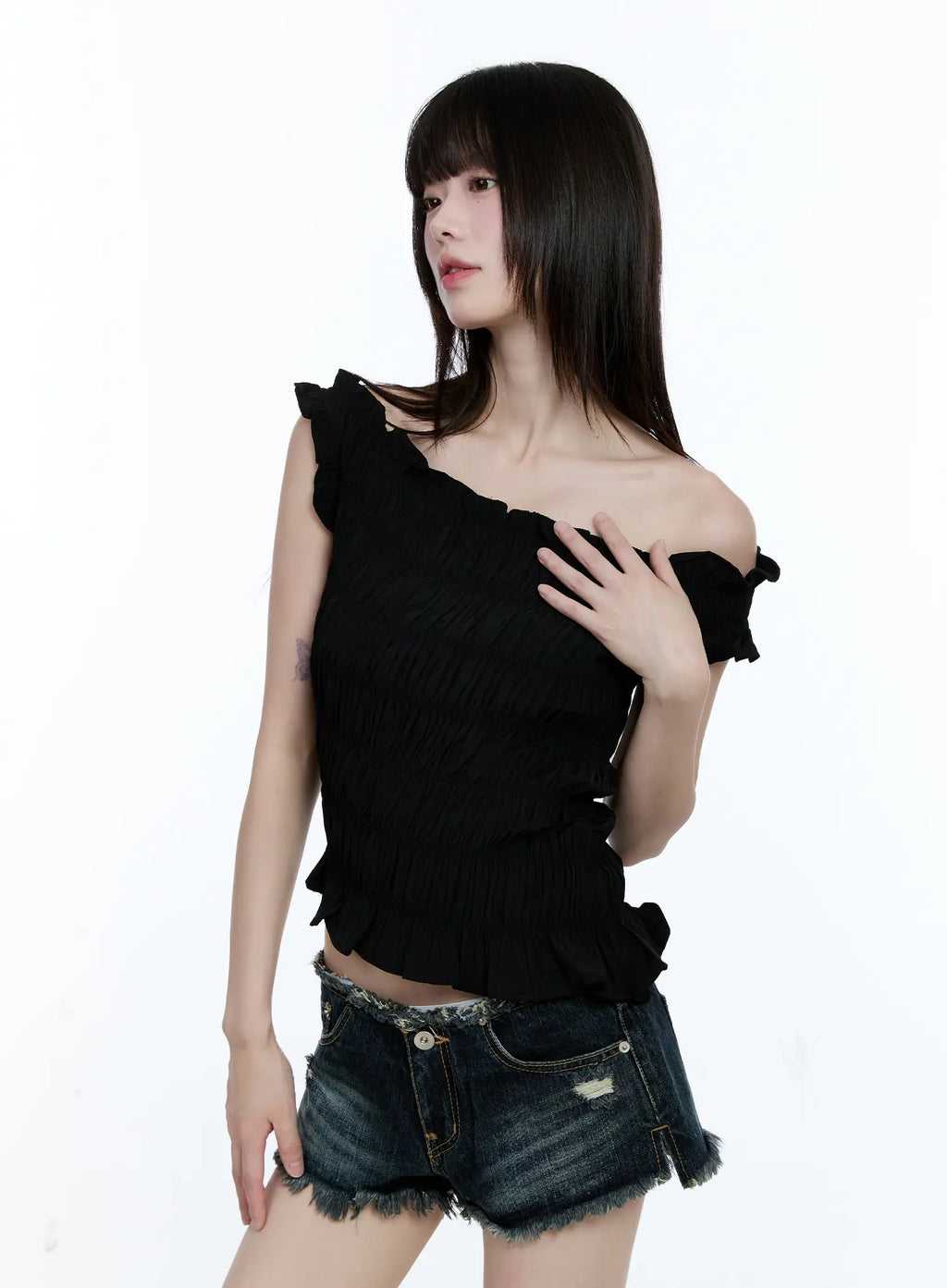 Asymmetric Shirred Off-Shoulder Top CG507
