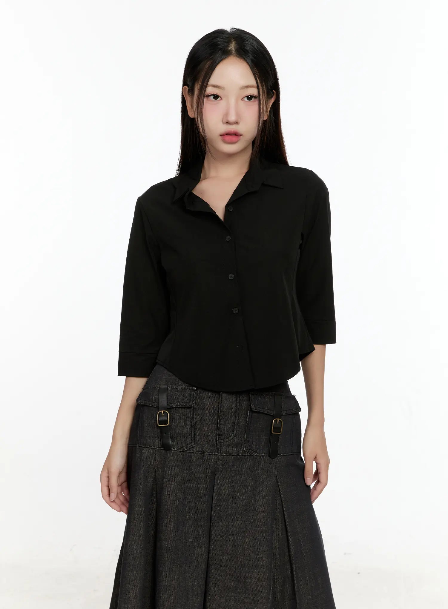 Chic Black Buttoned Half Sleeve Top CL531