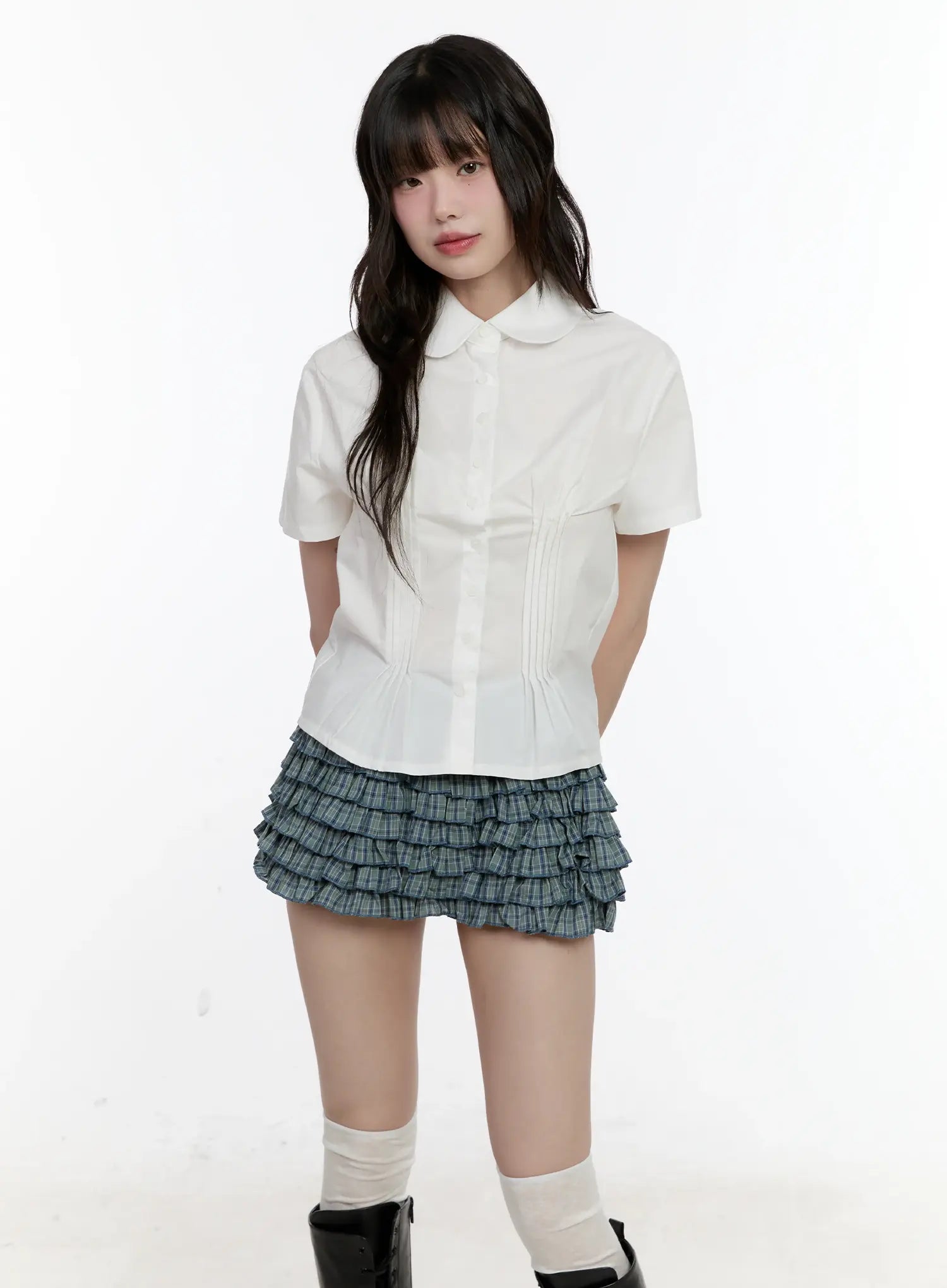 Collared Pintuck Button-Up Top CL504