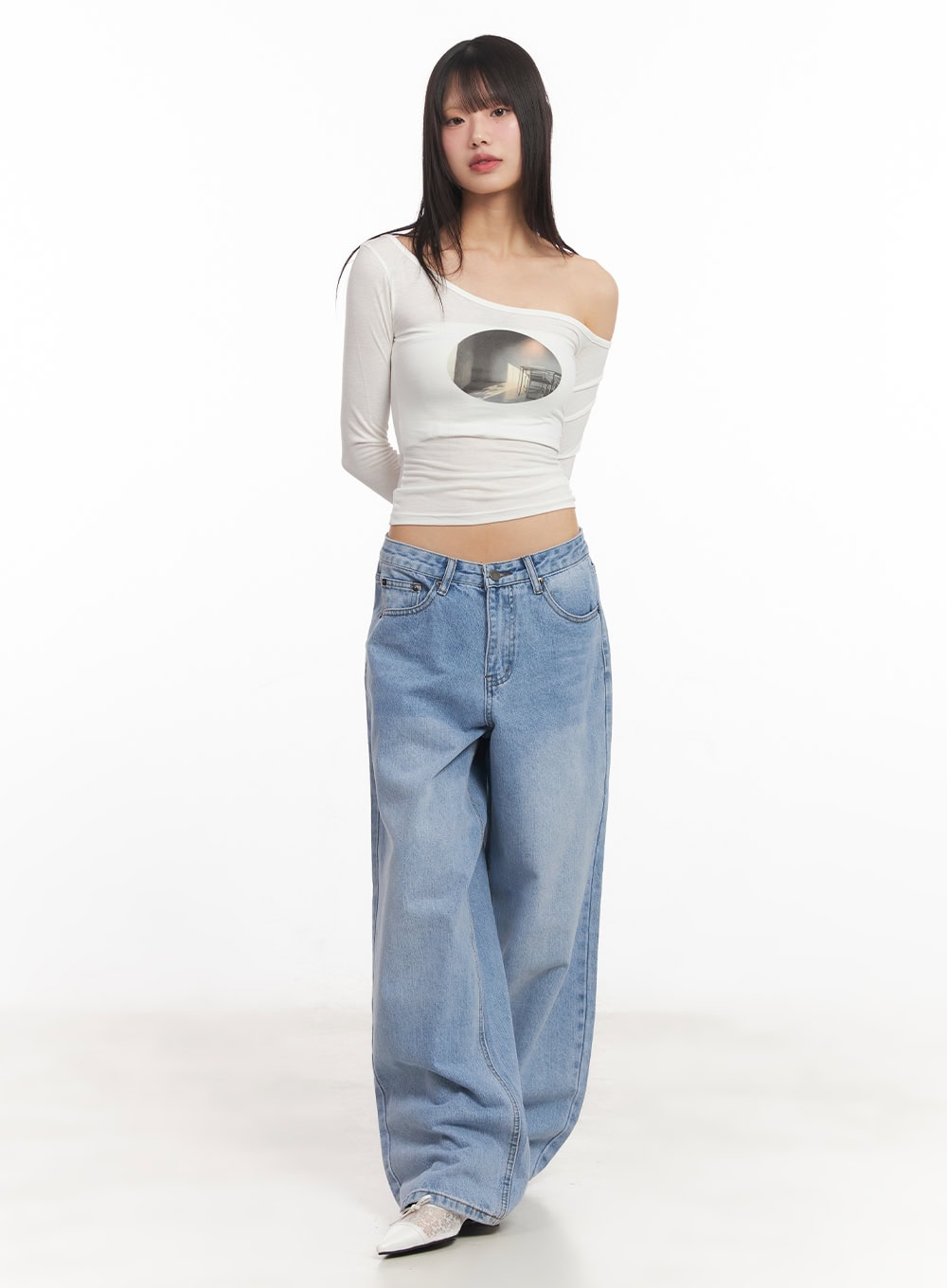 One-Shoulder Graphic Cropped Long Sleeve Top CA523