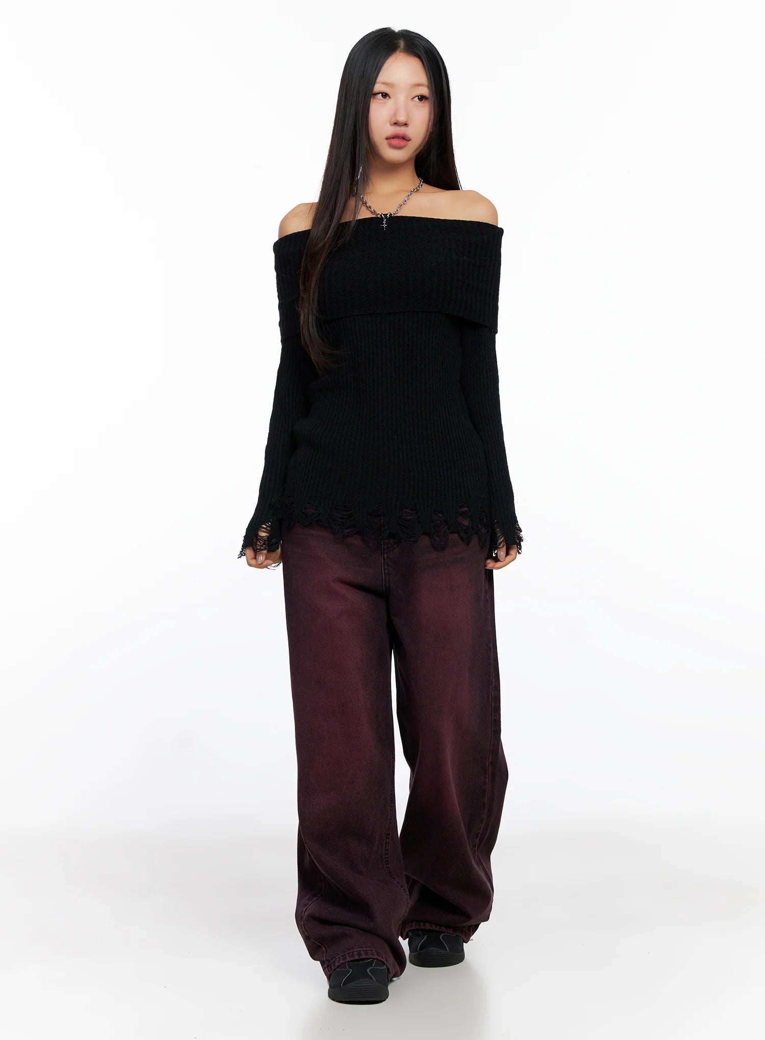 Off-Shoulder Distressed Knit Top CO514