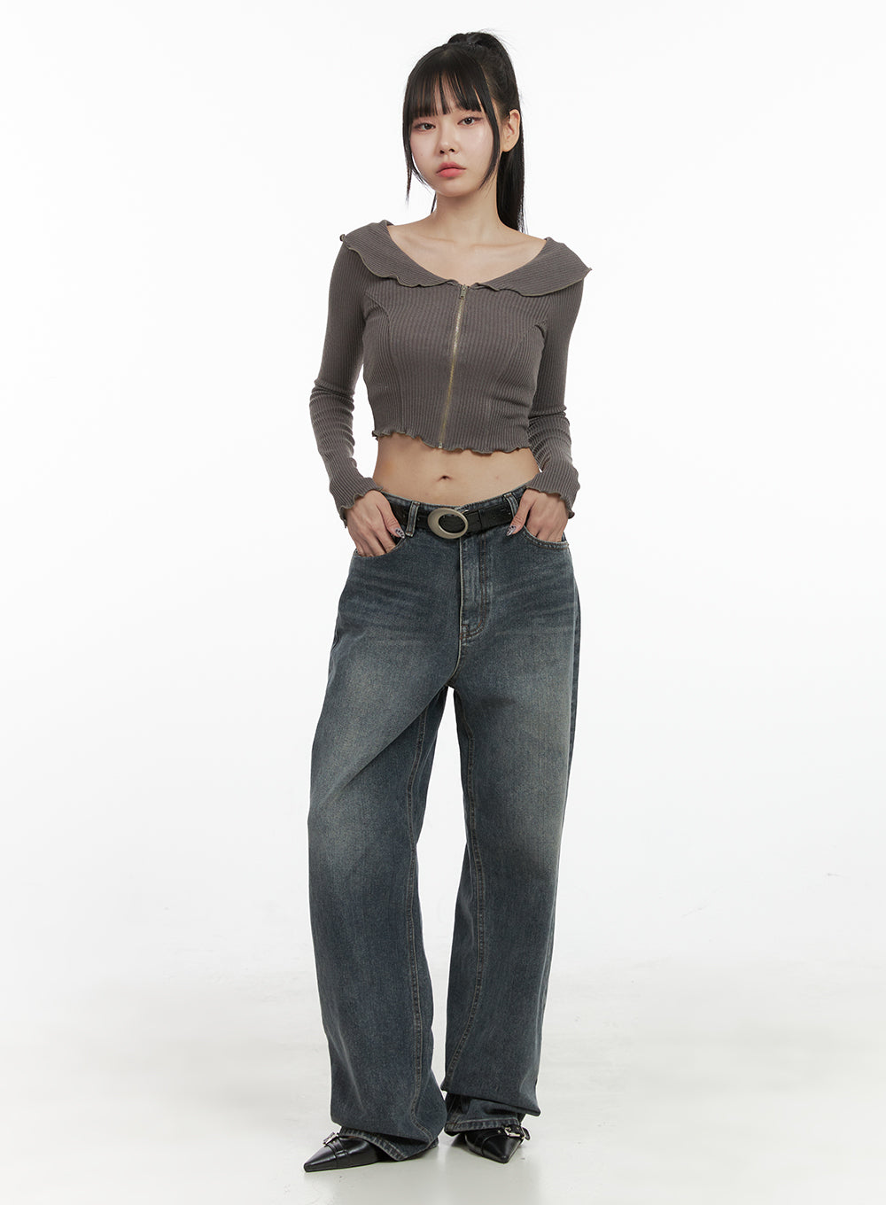 Zipper Off-Shoulder Ribbed Top OO401