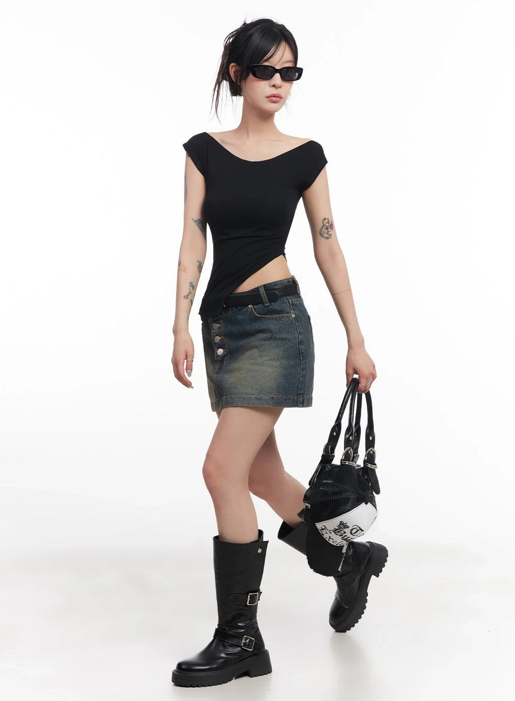 Slanted-Button Low-Rise Denim Skirt IC503