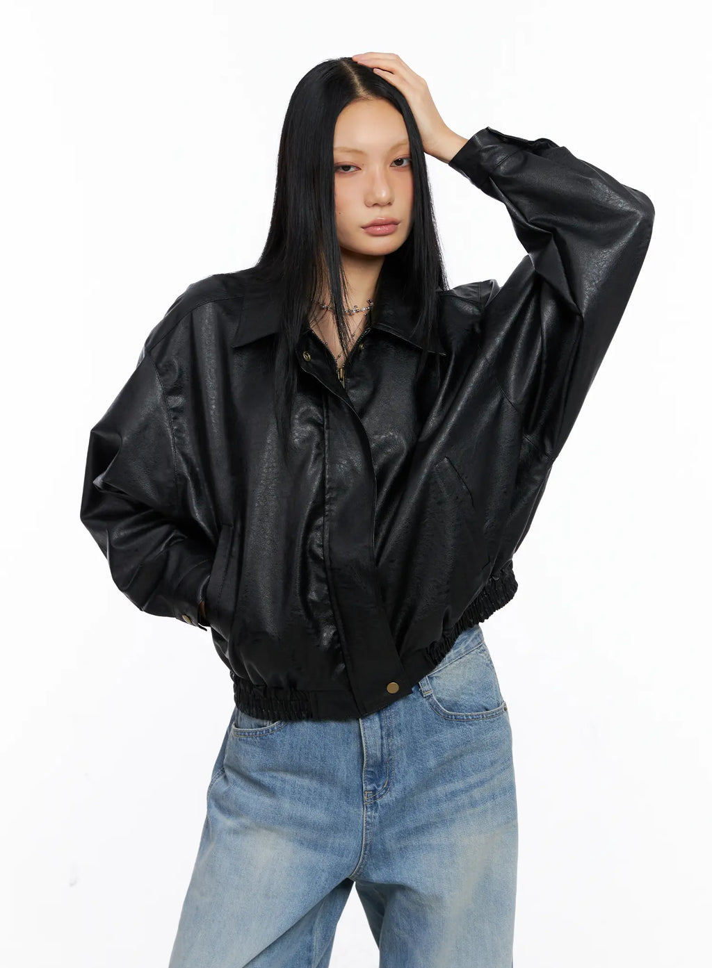 Relaxed Fit Faux Leather Bomber Jacket CS511