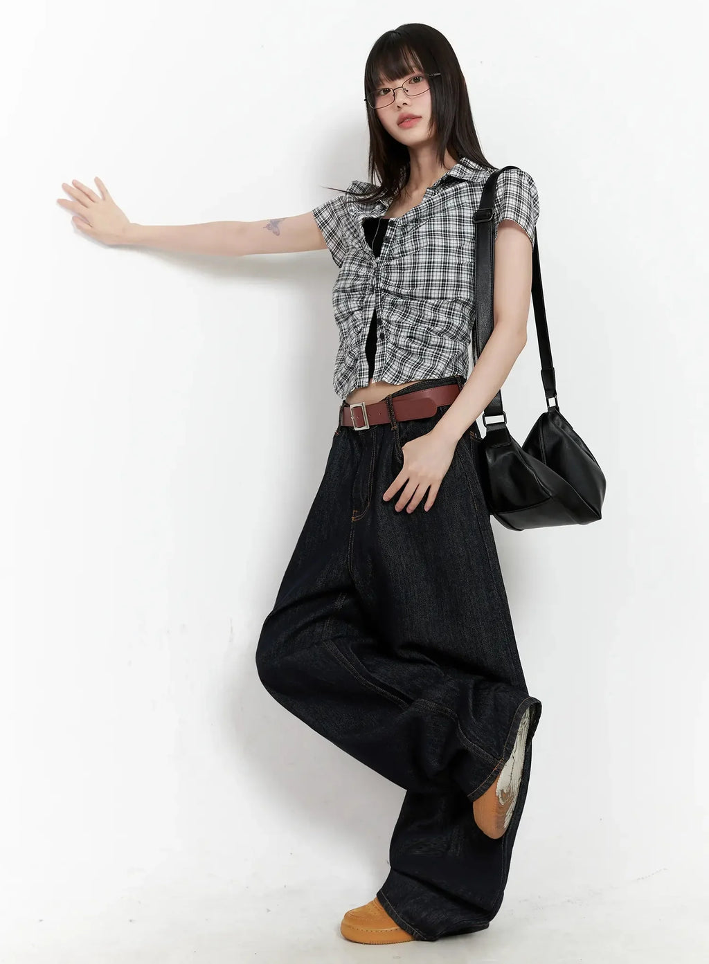 Shirred Plaid Button-up Blouse IL531