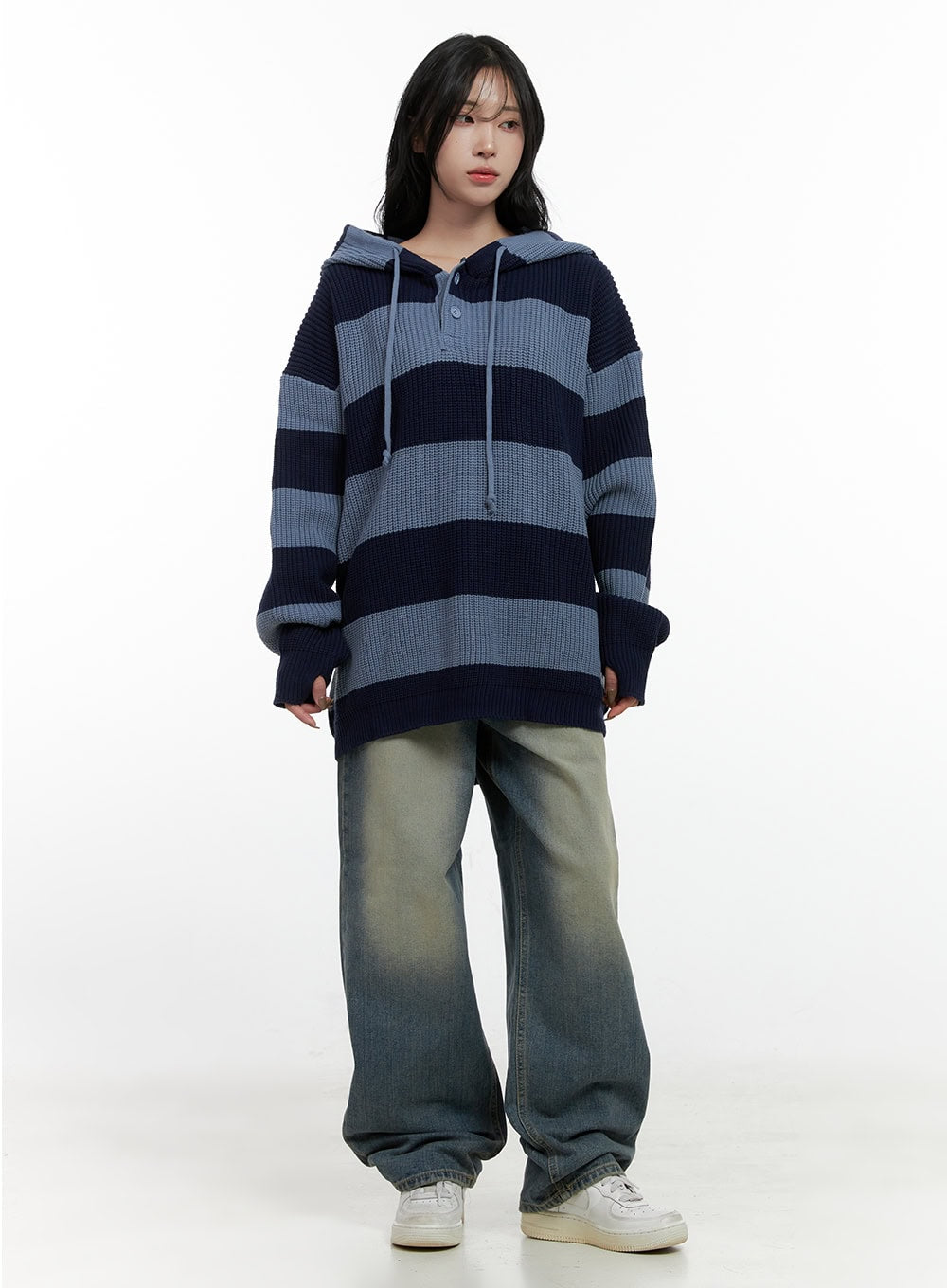 Buttoned Stripe Hoodie Sweater CN408