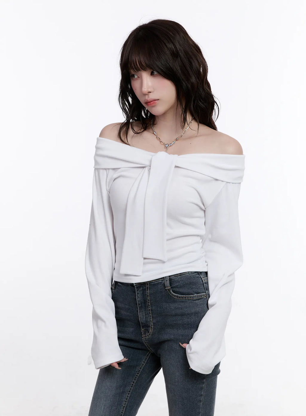 Off-Shoulder Bow Tie Long Sleeve Top CS530