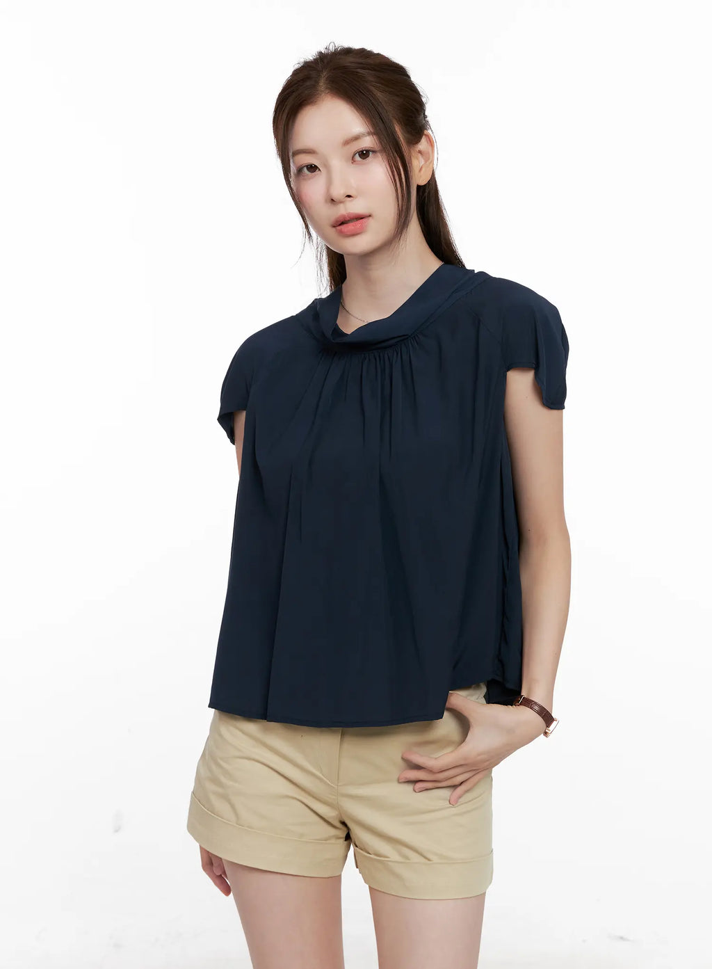 Shirred Ribbon Short-Sleeve Blouse CL523