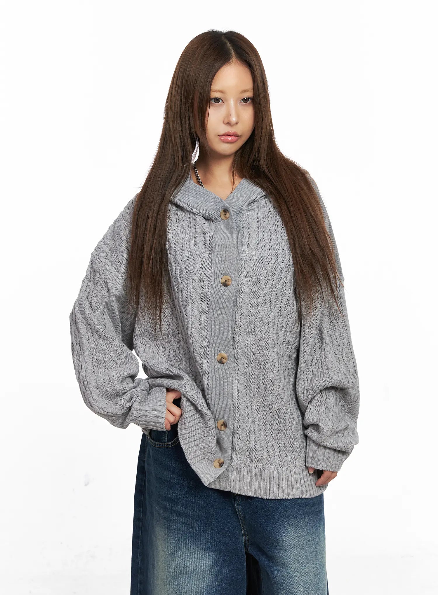 Oversized Cable Knit Button-Up Hoodie CO510