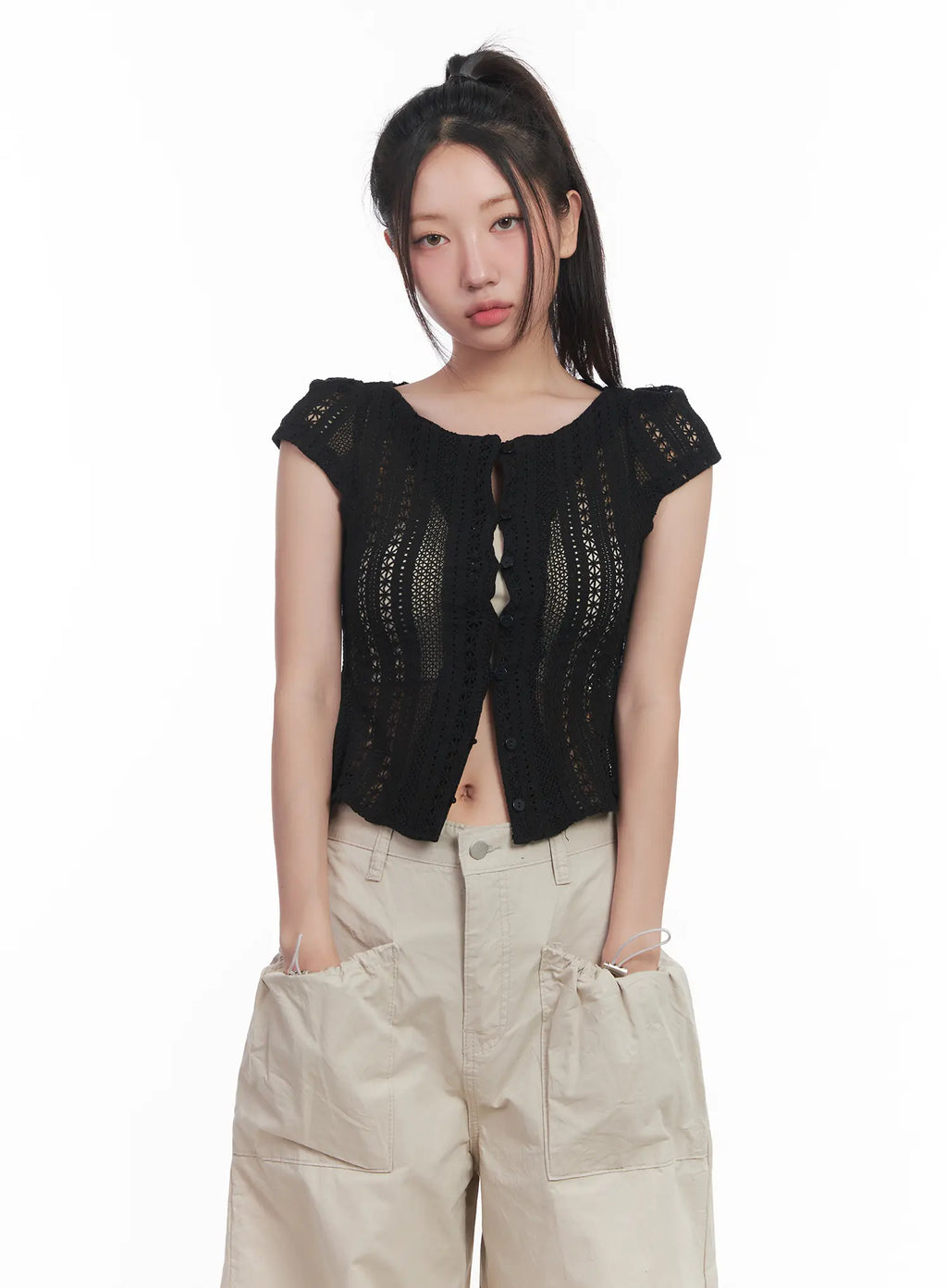 Sheer Buttoned Cropped Shirt CU516