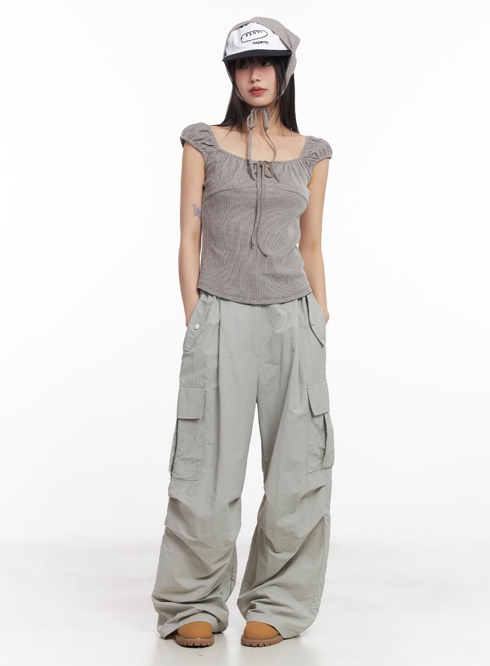 Pintuck Nylon Wide-Leg Cargo Pants CY514