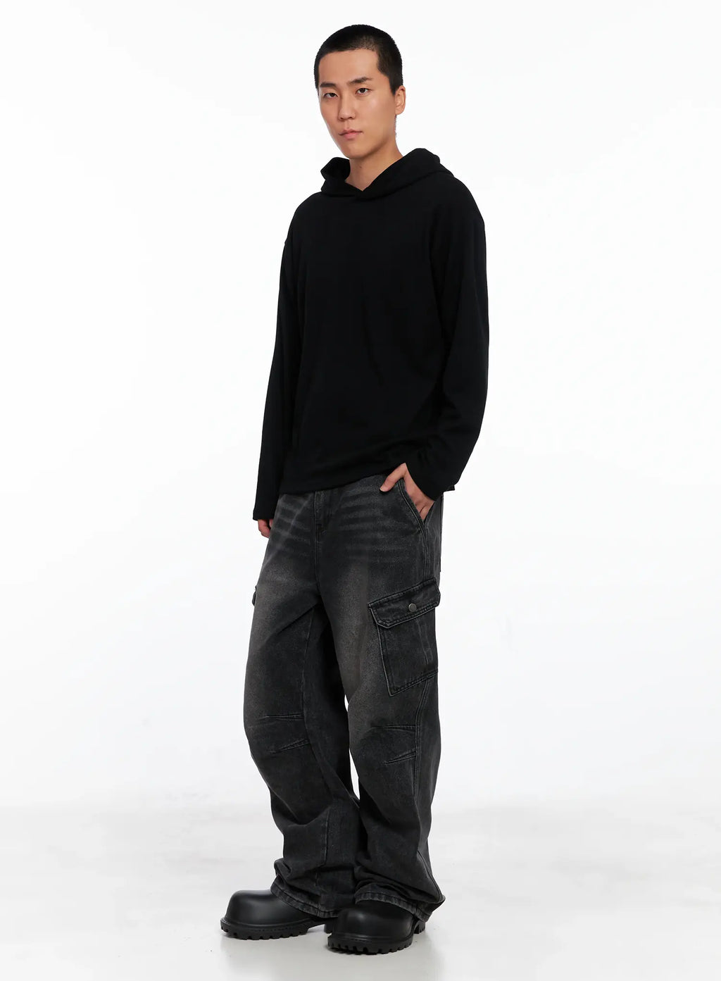 Men's Ribbed Layered Hooded Long Sleeve Tee IS509