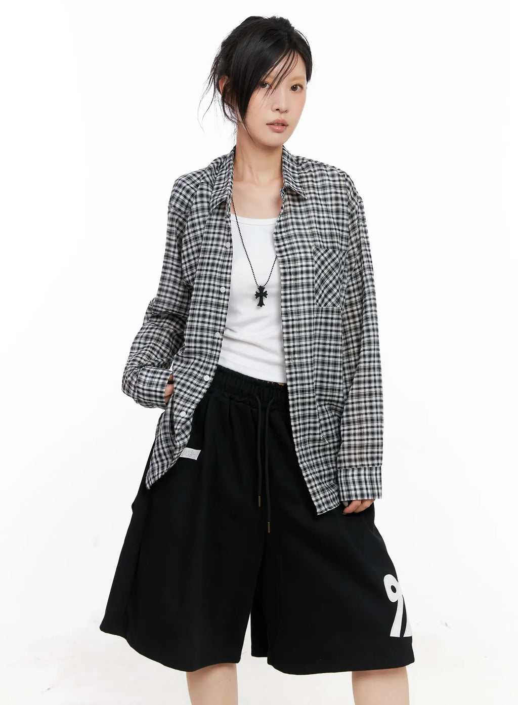 Oversized Plaid Button-Up Shirt CL528