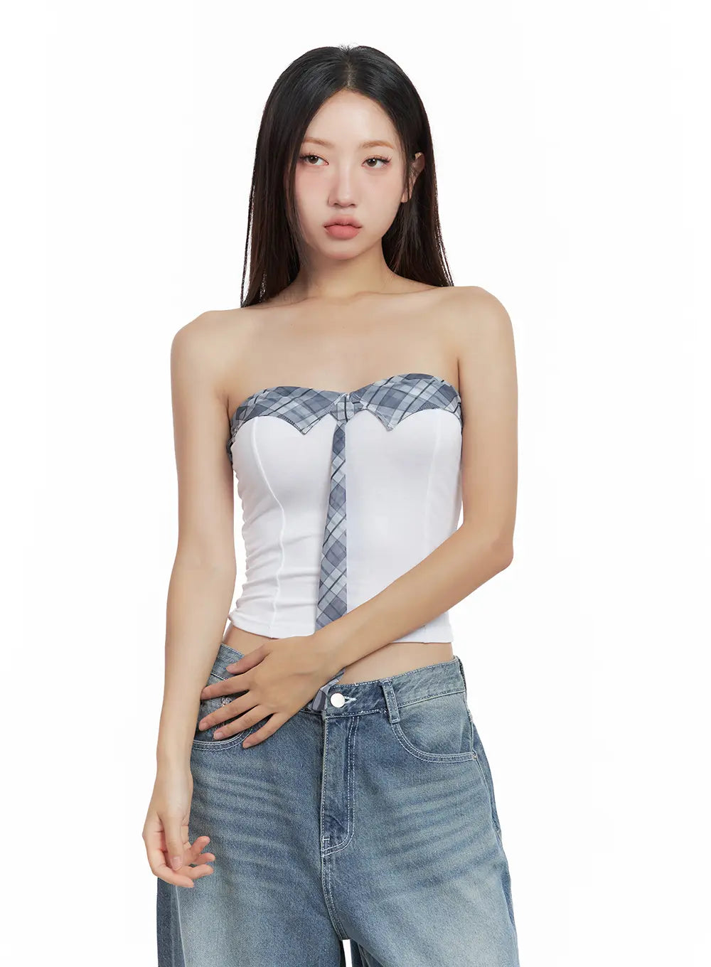 Contrast Plaid-Tie Tube Top CL508