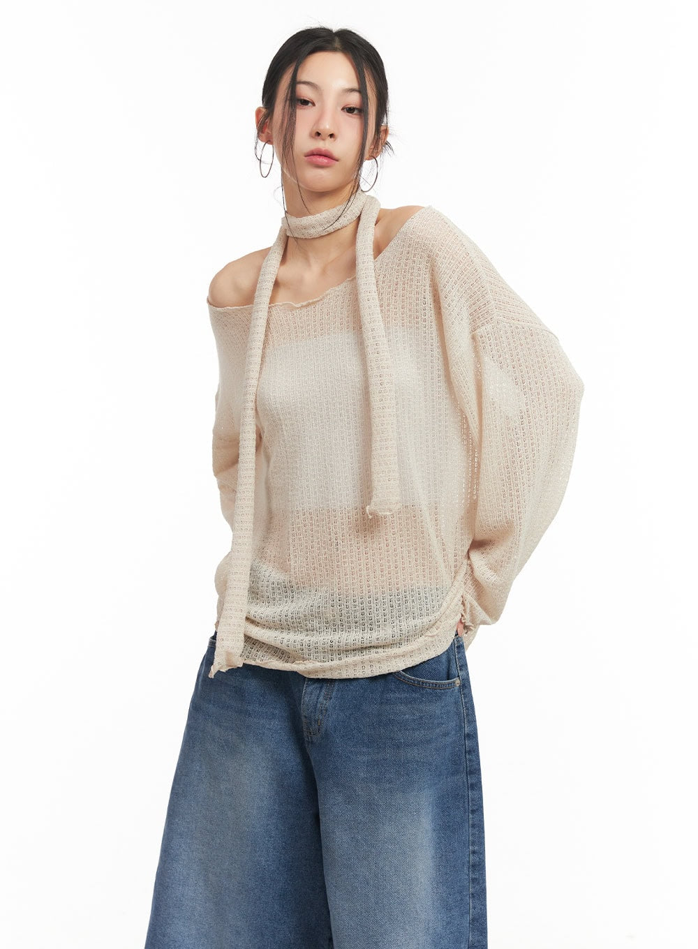 Sheer Off-Shoulder Top with Scarf Set CM503