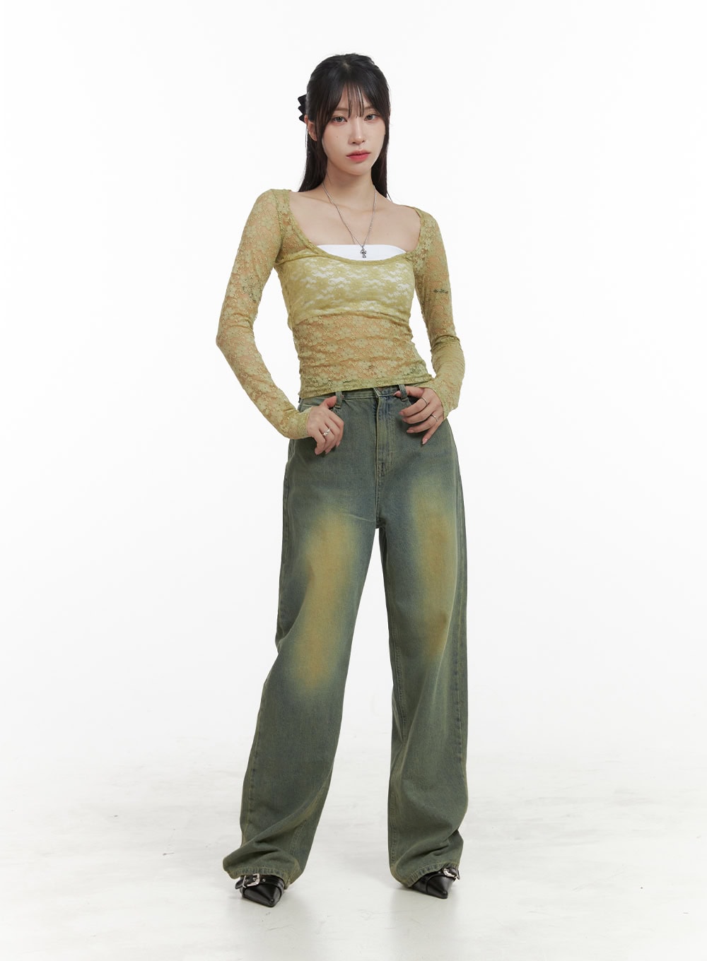 Lace Sheer U-Neck Long Sleeve Top OA425