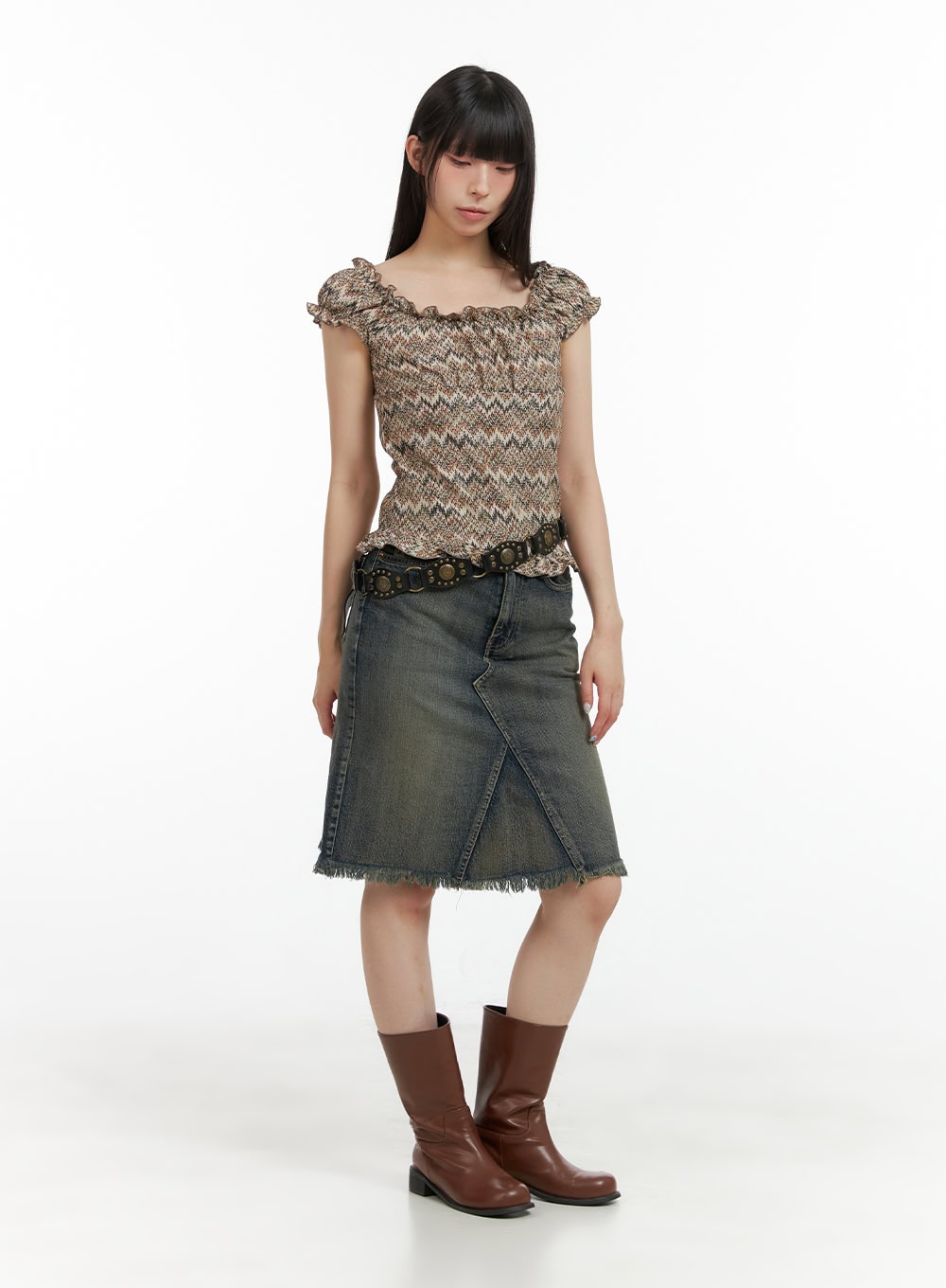 Destroyed Hem Denim Midi Skirt CL422
