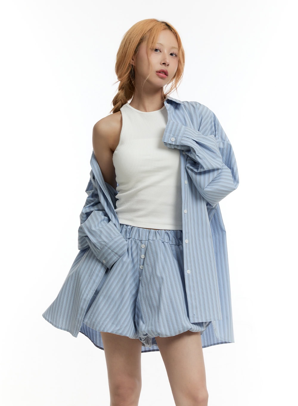 Striped Buttoned Oversized Collared Shirt CY505